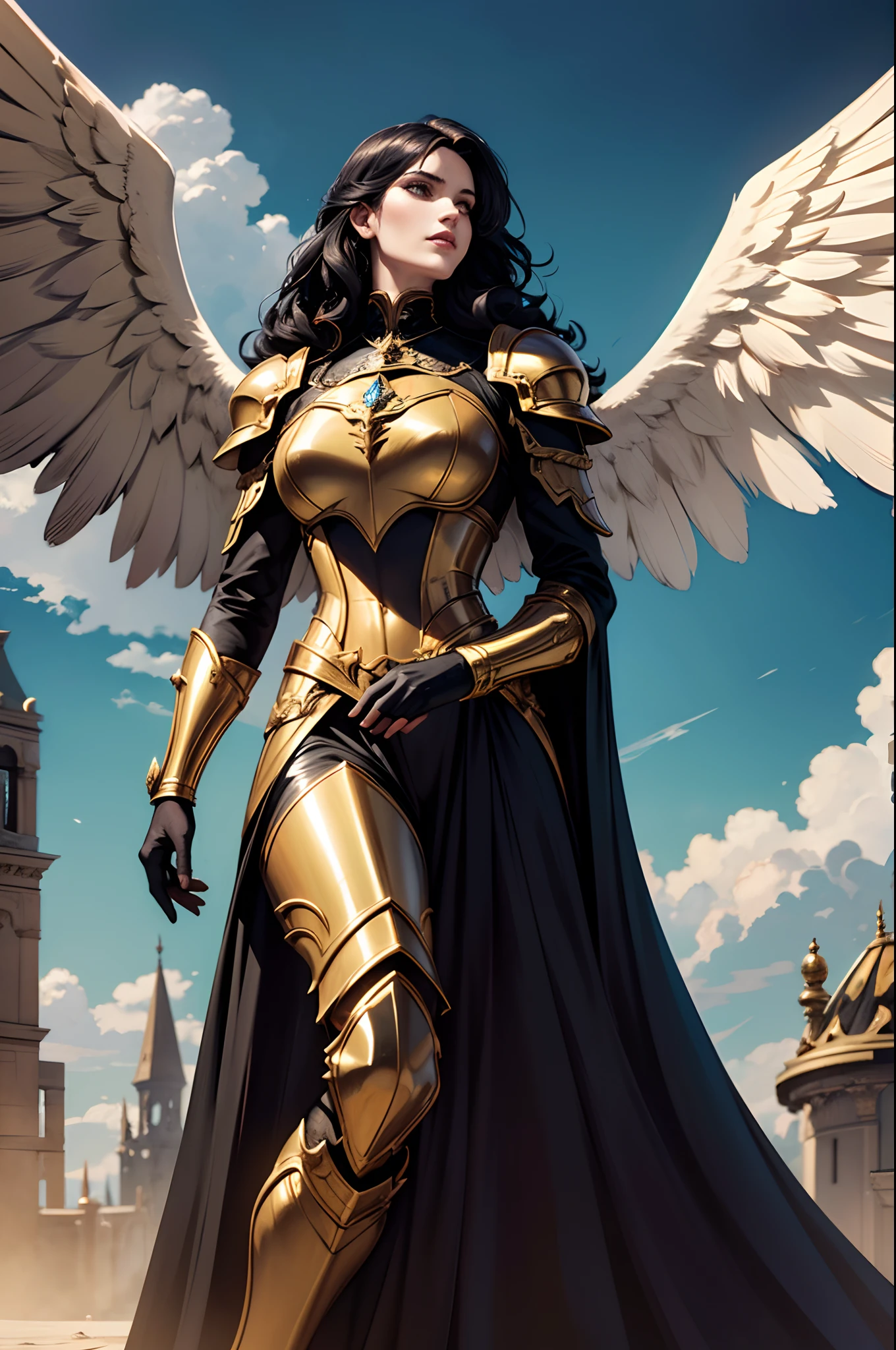 A big-haired demon character with golden and white wings, lips in black color, Gothic armor in petrol color, Linda, impressionante, bem detalhada, Magnificent, 8k, Angelic Art, sky with clouds, dramatic scene, cabelo alaranjado longo, armadura, manto de cavaleira, an art to use in a print, nouveau, tinta sobre tela conjurando magia azul gelo.