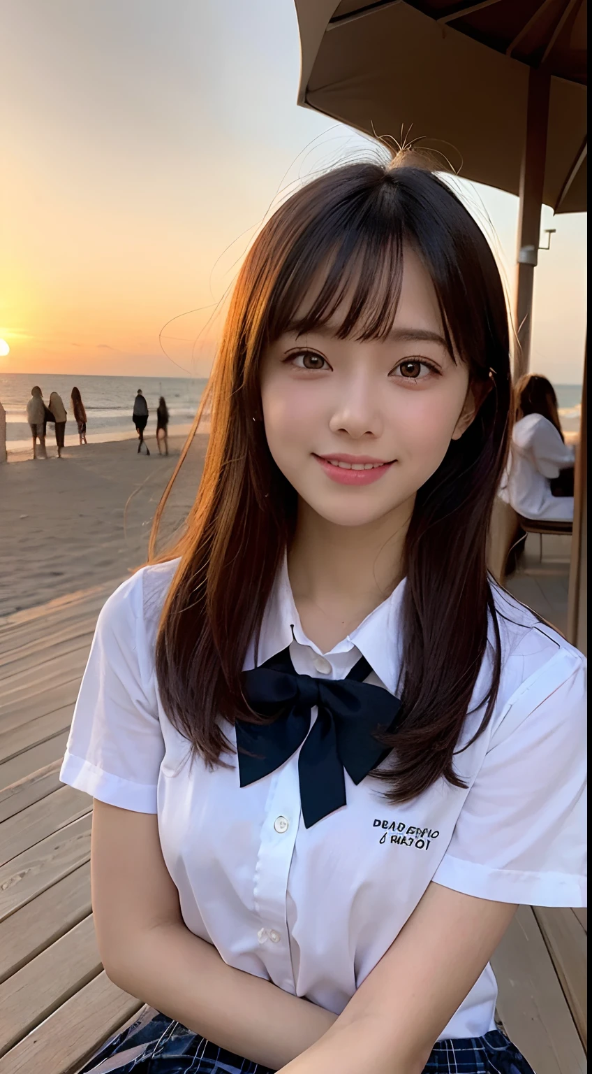 1young girls, Smile embarrassedly, (Highly detailed eyes, Highly detailed hair, Highly detailed face), extremely detailed CG unified 8k wallpaper, Highly detailed, High-definition raw color photos, Professional Photography, Realistic portrait, Cinematic Light, Bangs, (Beautiful breasts), (High school uniform with wide open chest:1.25), (Pleated mini-skirt:1.2), hair blowing in wind, (:1.5), Sitting, Spread your legs wide open, Outdoors, Beach, (Beautiful sunset:1.2), (((Bokeh))), depth of fields, (View from below),