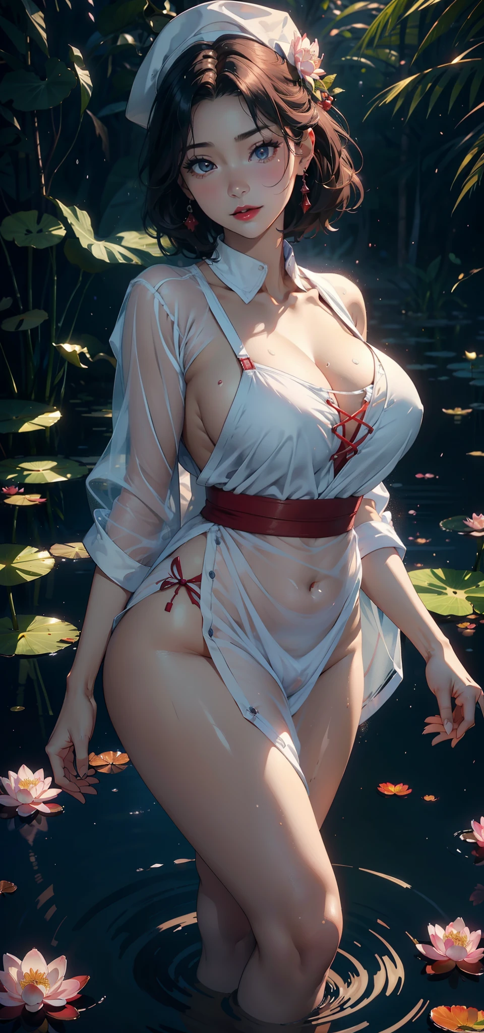 1female,45 yers old,Married Woman,熟妇,plumw,extremely large bosom, 独奏,(Background with:ponds,Cherry blossom forest,rainforests,lotus flower)standing underwater, She has short pink hair,seen from the front,, mostly cloudy sky,(((tmasterpiece),(Very detailed CG unity 8K wallpaper),best qualtiy,cinmatic lighting,detailed back ground,beatiful detailed eyes,Bright pupils,Black eyes,Snow-whiteskin,Redlip(Very fine and beautiful),(Beautiful and detailed eye description),ultra - detailed,tmasterpiece,))facing at camera,A high resolution,ultra - detailed),revealing breasts,Bare genitalia, Bulge,legs are open,Raised sexy,Camel toes,Desire for dissatisfaction,frontage,(Wearing:nurses uniform,Nurse hat,Red transparent apron,Bare )