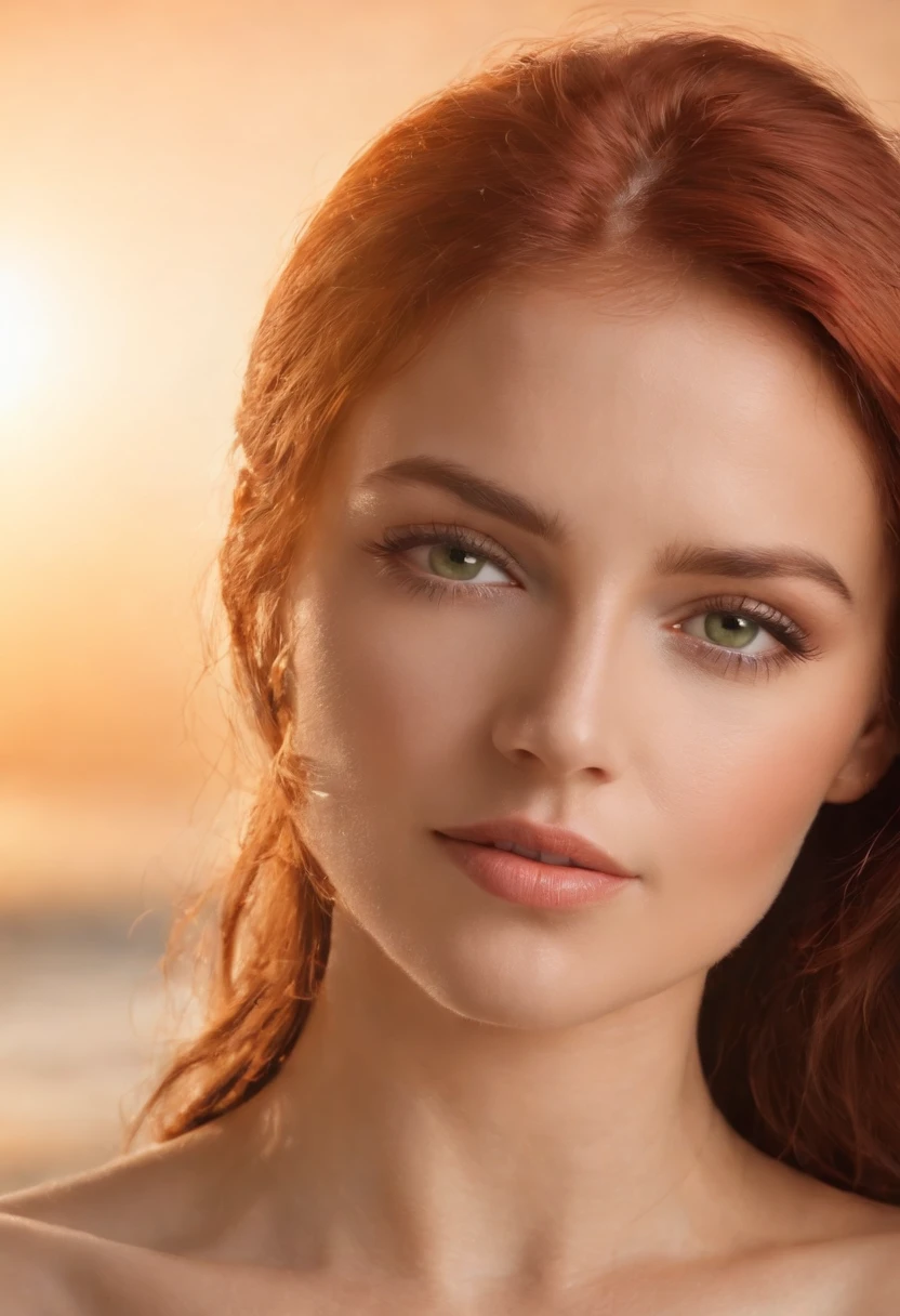 Spanish red-haired woman, ojos verdes, cuerpo entero,desnuda cuerpo entero,  En Adecuado Desnudo Visible , Kukami mantiene el cabello natural, Chica sexy , Cabello africano y ojos grandes, Camera eyes, Violeta Myers, sin maquillaje, Maquillaje natural, cara con artgram, maquillaje fino, Magnificent complete plan, in the room, tumbada en una cama, carnoso, , muslos grandes , senos grandes,arena blanca y suave, aguas cristalinas, cielo despejado, luz del sol brillante, sombras suaves, foco nítido, detalles ultrafinos, colores vivos, Estilo Retrato, Warm tonality, Soft studio lighting. (La mejor calidad, 4k, Altas Resoluciones, Ultra detallado, fotorrealista:1.2), HDR, UHD, Fine Art Photography, Escena de playa, Belleza impresionante