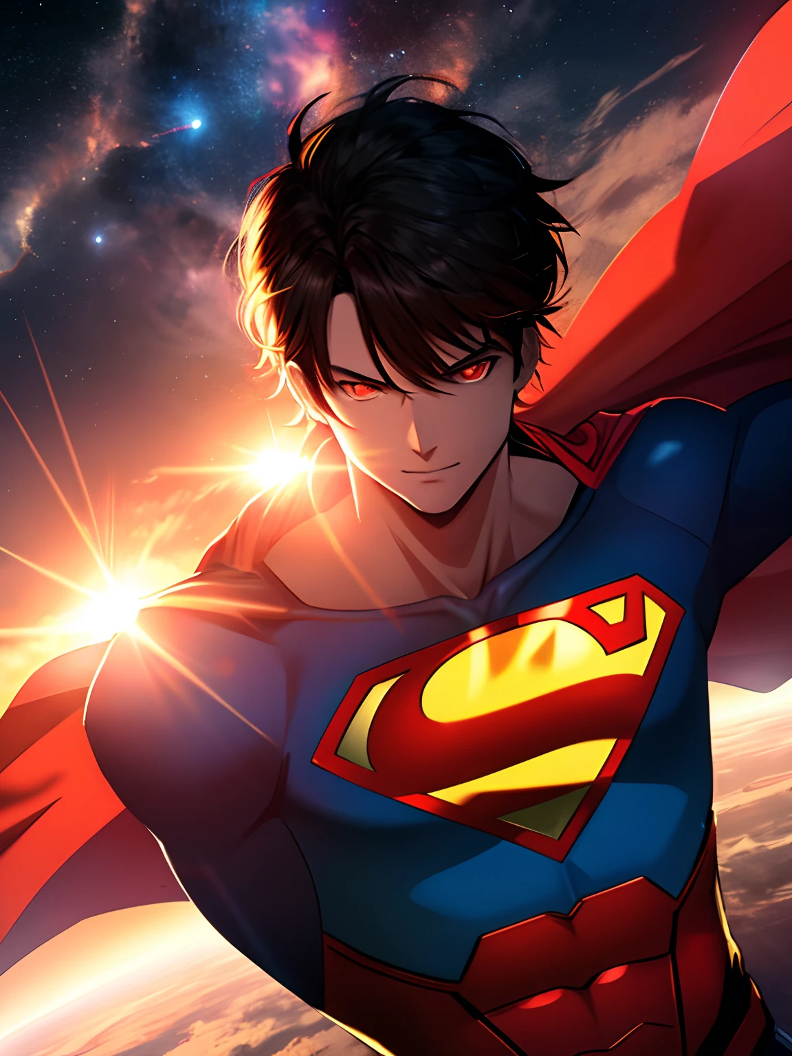 The last sun Superman in the sun with glow red eyes, solar rays,epic atmosphere, in the space