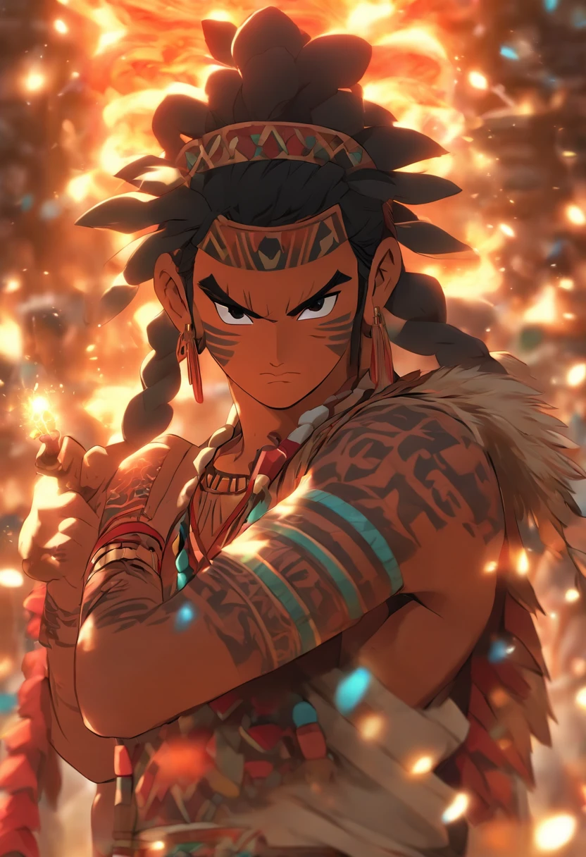 (((Young Mayan Man)) best quality, ultra-high resolution, 4K detailed CG, masterpiece, Hunahpu, young man, blowpipe, Mayan clothing, Mayan mythology, Mexico, aesthetics, ((with Blowgun)) beautiful image , centered on the screen