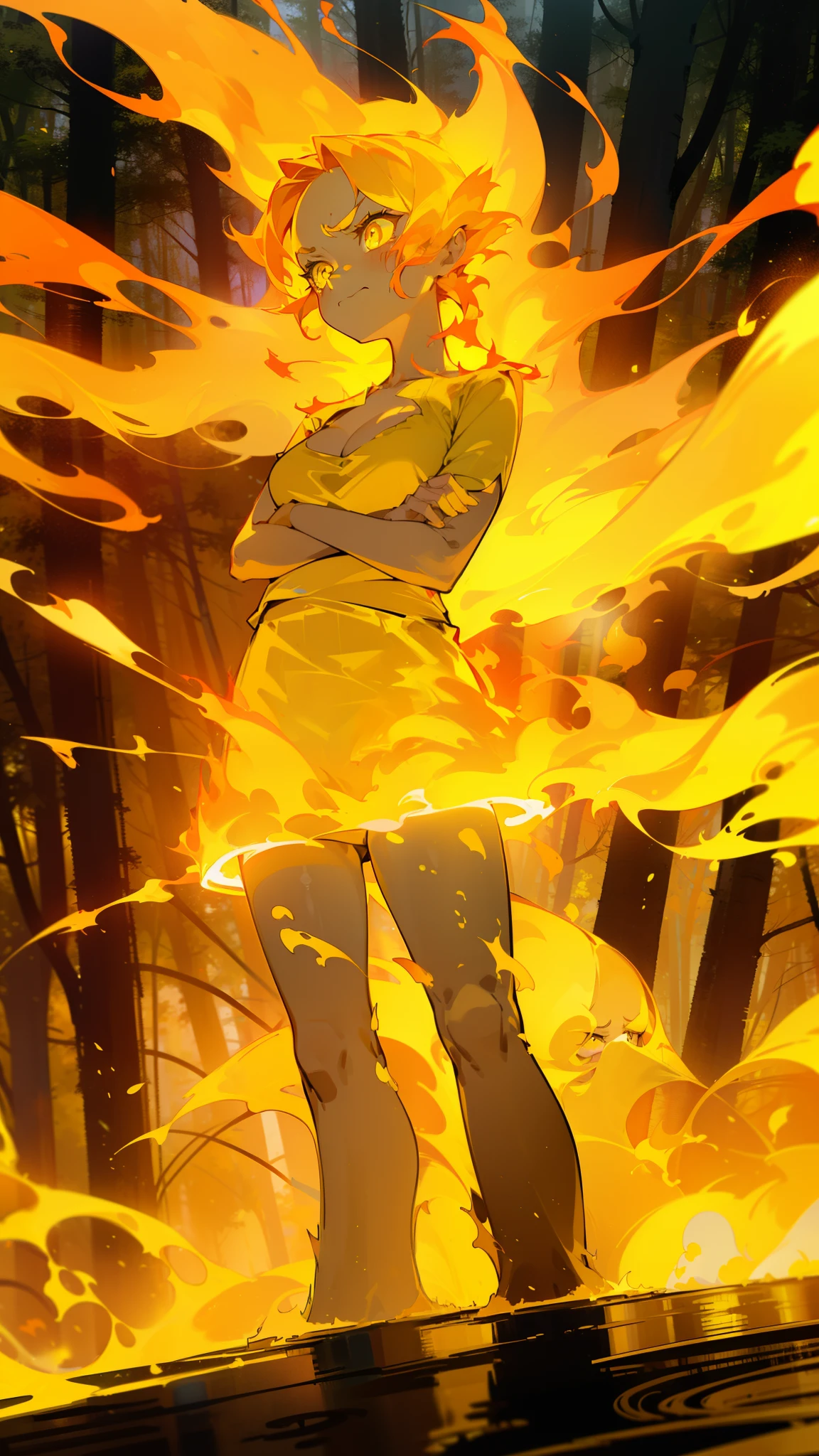 1small girl,solo,20s,angry face,(((woman face))),little cleavage,((yellow shirt,yellow skirt)), flame_hair,long hair,yellow eyes,(closed arms),burning body,burning on floor,(((standing in front of a forest)))