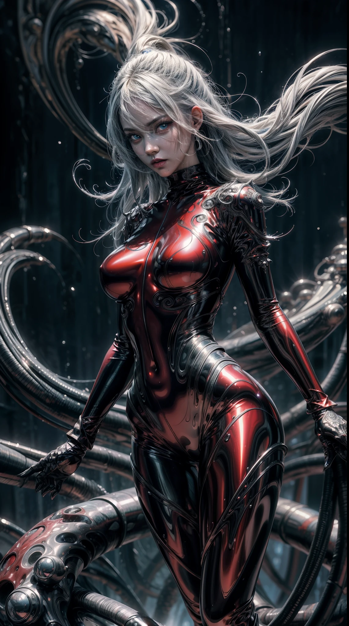 highly detailed full body portrait, erotic pose, beautiful succubus, wearing a metallic dripping liquid bodysuit, silver fluid bodysuit, red fluid bodysuit, vfx film, flowing liquids, fluidic dynamics, 3 d fluid simulation render, octane redshift, schlieren flow visualisation, swirling liquids, red and silver color palette 8k, abstract liquid, fluid simulation, ultra detailed, (masterpiece), (best quality), (detailed lighting) (anatomically correct), (hyper-intricate-fine-detailed), (beautiful-face-detailed), (beautiful-eyes-detailed), (high res), (accuracy), 8k, (raytraced), UHD