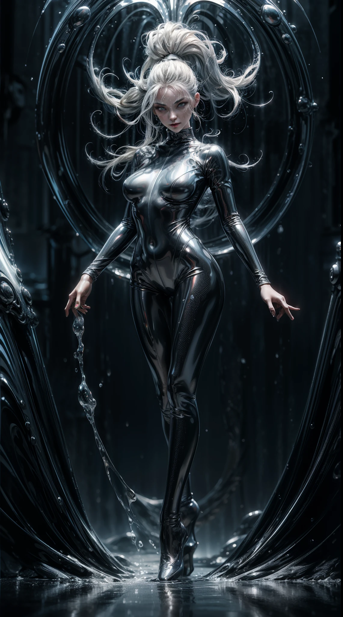 highly detailed full body portrait, erotic pose, beautiful succubus, wearing a metallic dripping liquid bodysuit, silver fluid bodysuit, red fluid bodysuit, vfx film, flowing liquids, fluidic dynamics, 3 d fluid simulation render, octane redshift, schlieren flow visualisation, swirling liquids, red and silver color palette 8k, abstract liquid, fluid simulation, ultra detailed, (masterpiece), (best quality), (detailed lighting) (anatomically correct), (hyper-intricate-fine-detailed), (beautiful-face-detailed), (beautiful-eyes-detailed), (high res), (accuracy), 8k, (raytraced), UHD