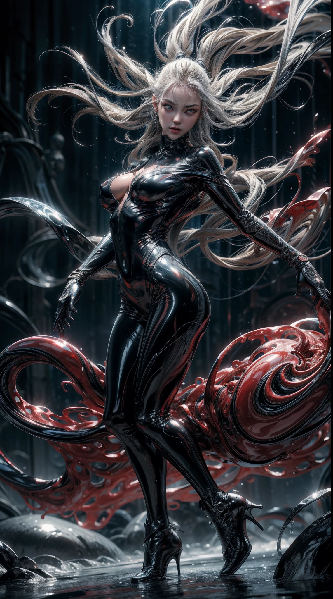 highly detailed full body portrait, erotic pose, beautiful succubus, wearing a metallic dripping liquid bodysuit, silver fluid bodysuit, red fluid bodysuit, vfx film, flowing liquids, fluidic dynamics, 3 d fluid simulation render, octane redshift, schlieren flow visualisation, swirling liquids, red and silver color palette 8k, abstract liquid, fluid simulation, ultra detailed, (masterpiece), (best quality), (detailed lighting) (anatomically correct), (hyper-intricate-fine-detailed), (beautiful-face-detailed), (beautiful-eyes-detailed), (high res), (accuracy), 8k, (raytraced), UHD