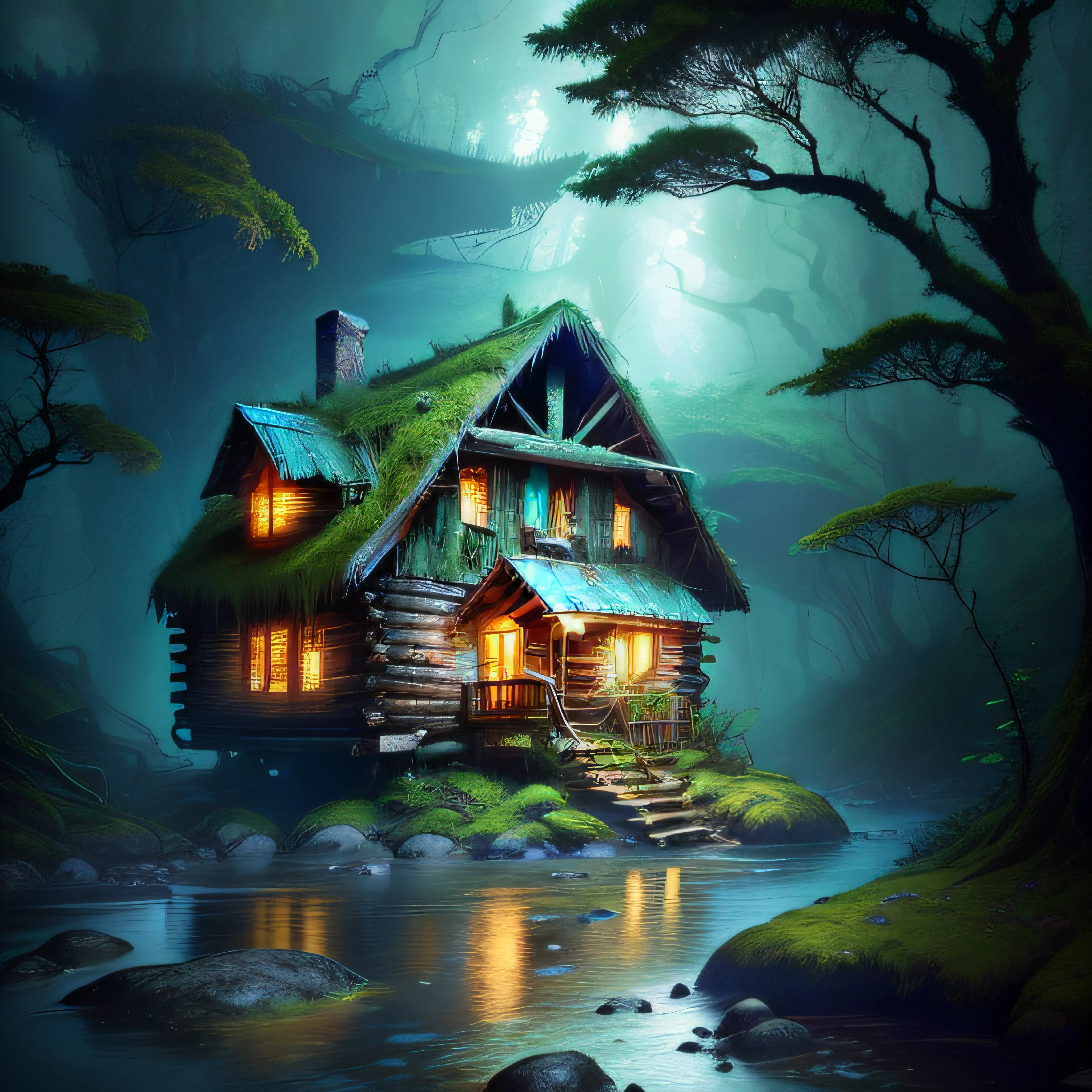 An enchanted forest, decrepit cabin on a rocky bank, abandoned, overgrown, mossy, clear river, lush, mystical, fantasy, anthill