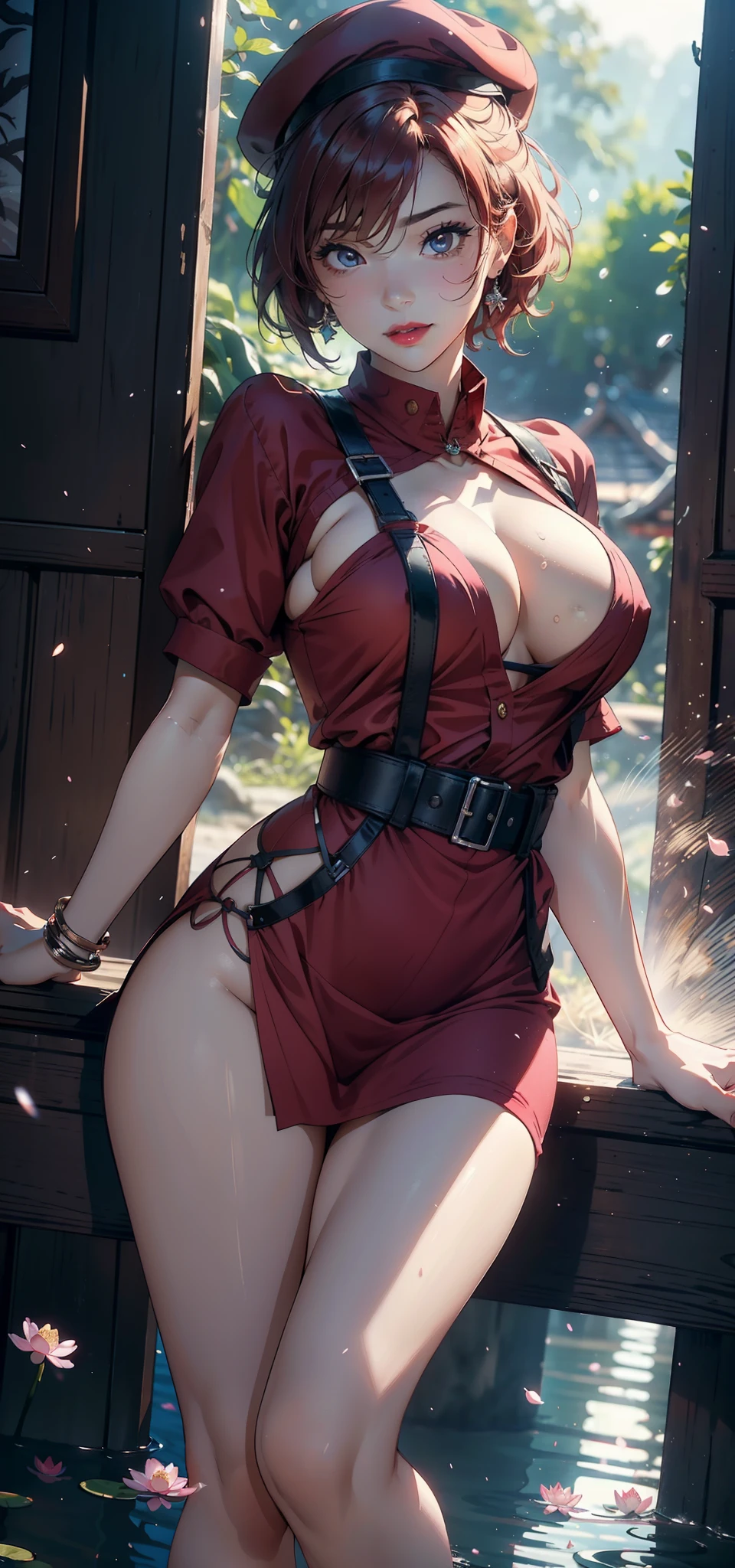 1female,45 yers old,Married Woman,熟妇,plumw,extremely large bosom, 独奏,(Background with:ponds,Cherry blossom forest,rainforests,lotus flower)Lie underwater, She has short pink hair,seen from the front,, mostly cloudy sky,(((tmasterpiece),(Very detailed CG unity 8K wallpaper),best qualtiy,cinmatic lighting,detailed back ground,beatiful detailed eyes,Bright pupils,Black eyes,Snow-whiteskin,Redlip(Very fine and beautiful),(Beautiful and detailed eye description),ultra - detailed,tmasterpiece,))facing at camera,A high resolution,ultra - detailed),revealing breasts,Bare genitalia, Bulge,legs are open,Raised sexy,Camel toes,Desire for dissatisfaction,frontage,(Wearing:Air Force uniform,beret,Red shirt,Red transparent apron,Bare )