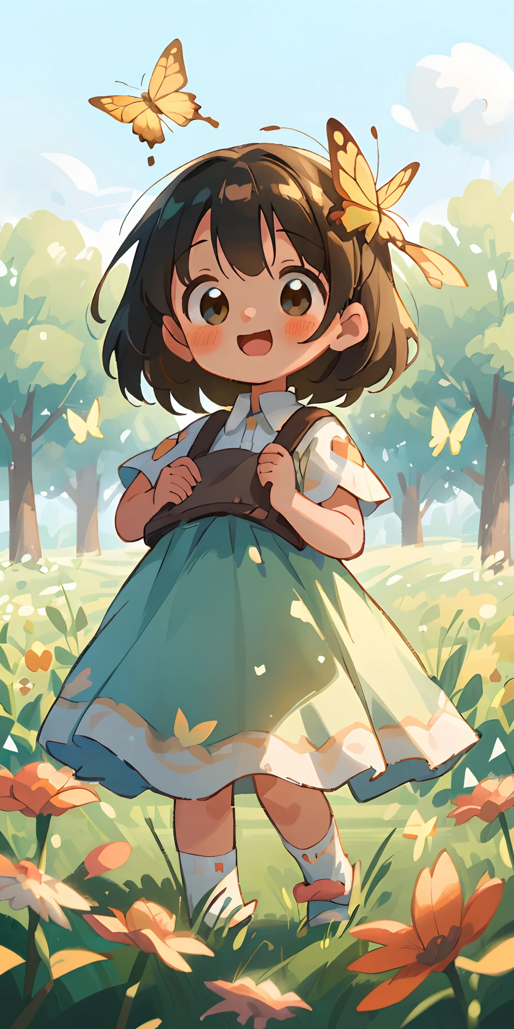 High Detail, Ultra Detail, 8K, Ultra High Resolution A cute and innocent girl, child, toddler, enjoying her time in the open field, surrounded by the beauty of nature, warm sun sprinkling on her, wildflowers gently swaying in the breeze. Butterflies and birds flutter around her, adding to the playful atmosphere,
