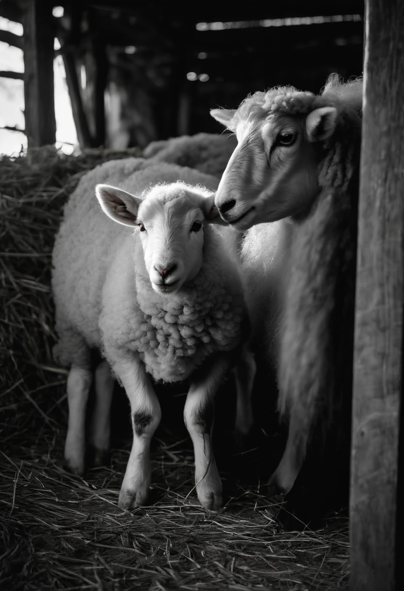 Illustrate the inside of a barn with a pregnant sheep, Wooly, about to give birth. The atmosphere is warm and welcoming., 16:9 pic Negative prompt: ((000000)), ((ffffff)), (EasyNegative:0.8), (bad-picture-chill-75v:0.8), (badhandv4:1), ((out of frame)), lowers, (((text))), error, cropped, worst quality, low quality, normal quality, jpeg artifacts, ((signature)), ((watermark)), ((username)), blurry, artist name, cgi, 3d, plain --ar 3:2
