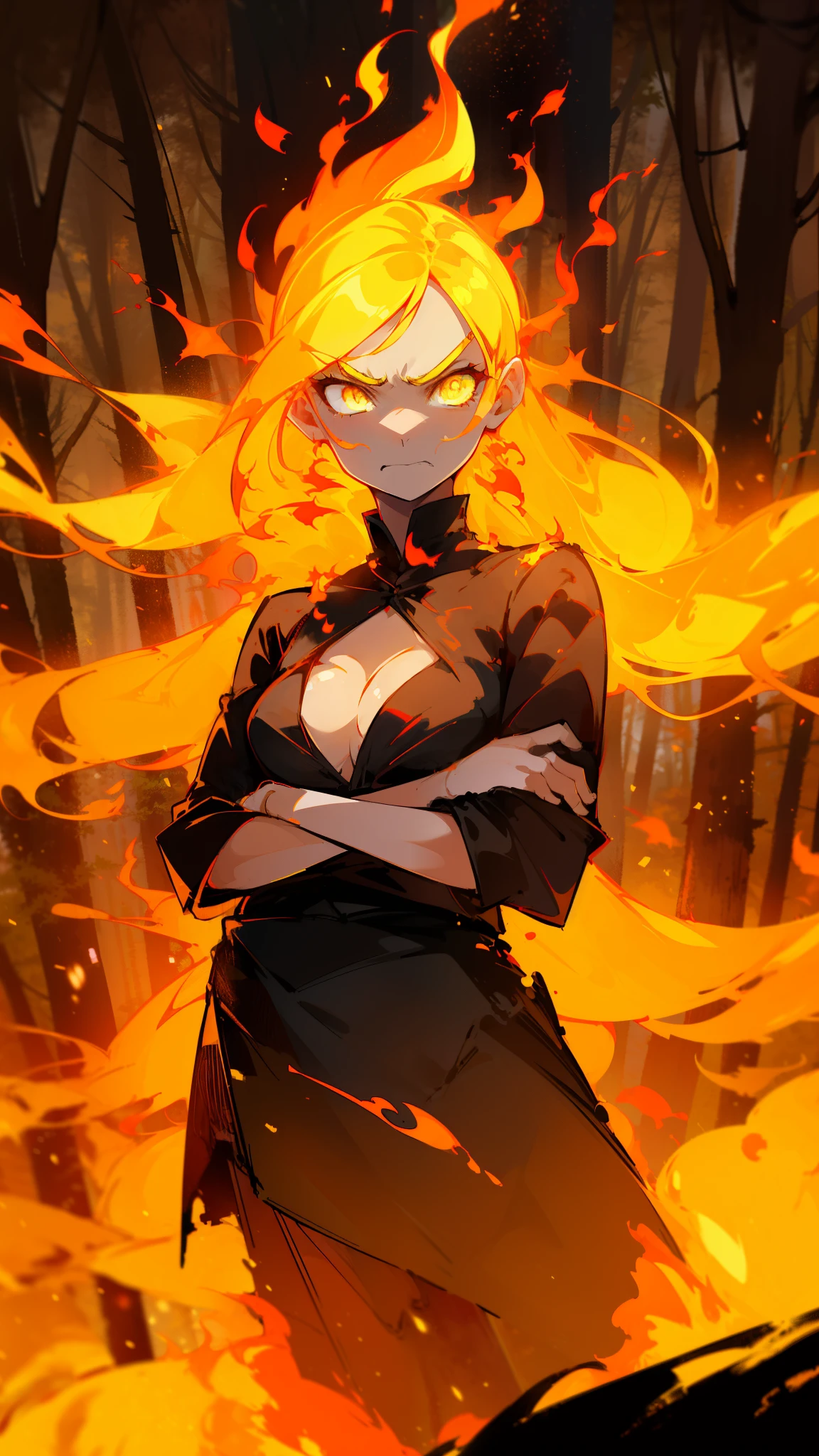 1small girl,solo,20s,angry face,(((woman face))),little cleavage,((black shirt,black skirt)), flame_hair,long hair,yellow eyes,(closed arms),burning body,burning on floor,(((standing in front of a forest)))