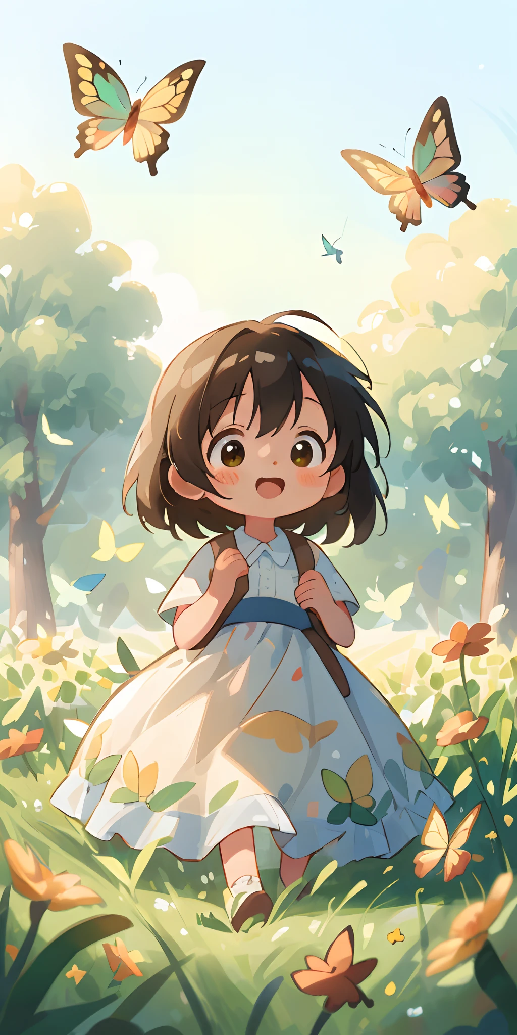 High Detail, Ultra Detail, 8K, Ultra High Resolution A cute and innocent girl, child, toddler, enjoying her time in the open field, surrounded by the beauty of nature, warm sun sprinkling on her, wildflowers gently swaying in the breeze. Butterflies and birds flutter around her, adding to the playful atmosphere,