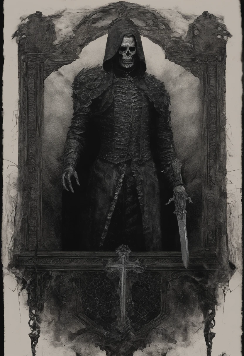 Un homme en armure, cheveux long, yeux rouge, Cross-shaped statue in the background