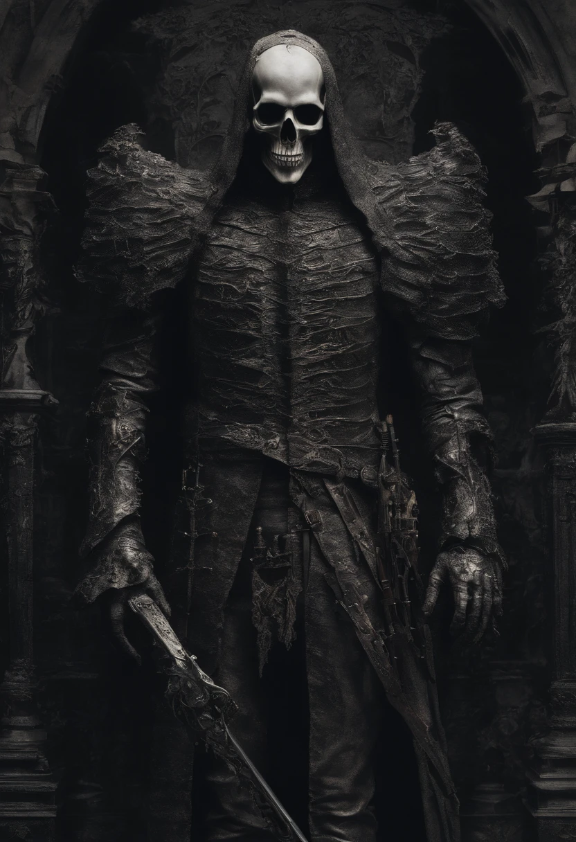 Un homme en armure, cheveux long, yeux rouge, Cross-shaped statue in the background