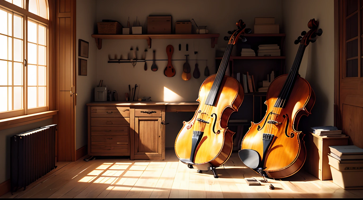 A luthier man works on a violin at his workbench. ((Centerpiece, highly quality, high-definition, High Accuracy, beste-Qualit:1.2), 8k, Extremely detailed, Higher resolution))  A room where a luthier works. fabrication, Instrument repair and restoration (hanging on the wall) Cordehs, violons, cellos and guitars hanging on the walls). Small piece to promote the concentration and precision of the luthier in his work. Wood-clad walls and acoustic panels for better acoustics, Large windows for natural light. The room is filled with dust. (8k, HDR, Top detail.)
In the center of the room is a solid wood workbench, sur lequel le luthier effectue travail. The workbench is equipped with vices to hold the instrument in place during repairs and construction. Le long des murs, There are shelves filled with specialized tools such as airplanes, des gouges, des calibres, des lime, des pinces et des brosses. The walls are also decorated with lute, de violon, guitar and photos of old instruments and reference models.
Powerful and dusty lighting,  in the form of adjustable halogen lamps, is suspended above the workbench to provide brightness, Focus on work in progress. The floor is usually covered with carpet to absorb noise and provide a comfortable environment during long working hours...
Enfin, A cabinet or safe may be present to safely store valuable instruments and expensive materials.. The entire piece is designed to create an environment conducive to the creation and preservation of exquisite stringed instruments...