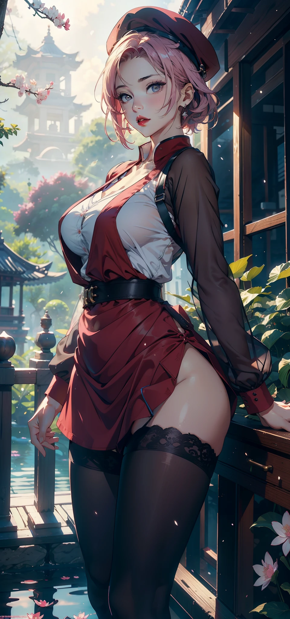 1female,45 yers old,Married Woman,熟妇,plumw,extremely large bosom, 独奏,(Background with:ponds,Cherry blossom forest,rainforests,lotus flower)Lie underwater, She has short pink hair,seen from the front,, mostly cloudy sky,(((tmasterpiece),(Very detailed CG unity 8K wallpaper),best qualtiy,cinmatic lighting,detailed back ground,beatiful detailed eyes,Bright pupils,Black eyes,Snow-whiteskin,Redlip(Very fine and beautiful),(Beautiful and detailed eye description),ultra - detailed,tmasterpiece,))facing at camera,A high resolution,ultra - detailed),revealing breasts,Bare genitalia, Bulge,legs are open,Raised sexy,Camel toes,Desire for dissatisfaction,frontage,(Wearing:Air Force uniform,beret,Red shirt,Red transparent apron,Bare ,Black tights)