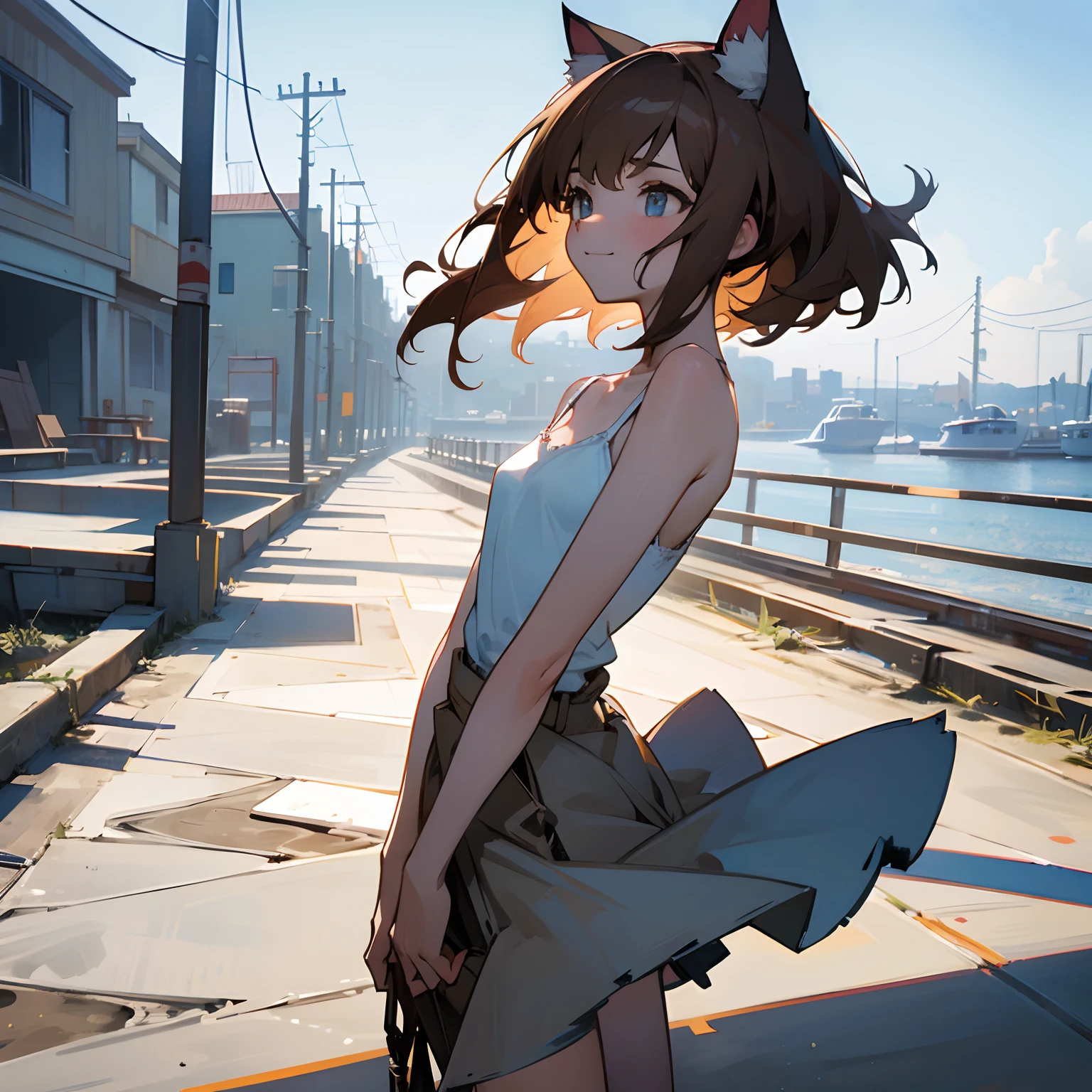 ((Masterpiece)),(Professional Photography:1.2), from side, 8K, cinematic lighting, ((eyes of look up at the sky)), very messy medium hair, Cute age Beautiful girl, (walk on the concrete, the Small harbors, beautiful white coast), (exposed small breast), badly ragged and torn dirty white-camisole, smile face (Slender small breasts), wind, Textured skin, cat ears, Pale brown hair, slum