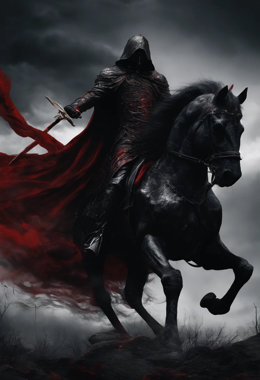 Un homme en armure sur un cheval en armure noir, le personnage a les cheveux long et noir, The character has red eyes illuminated with red color, The background is composed of an apocalyptic setting as well as a huge Christian cross. Dove flying, red dark and blue, gold conture