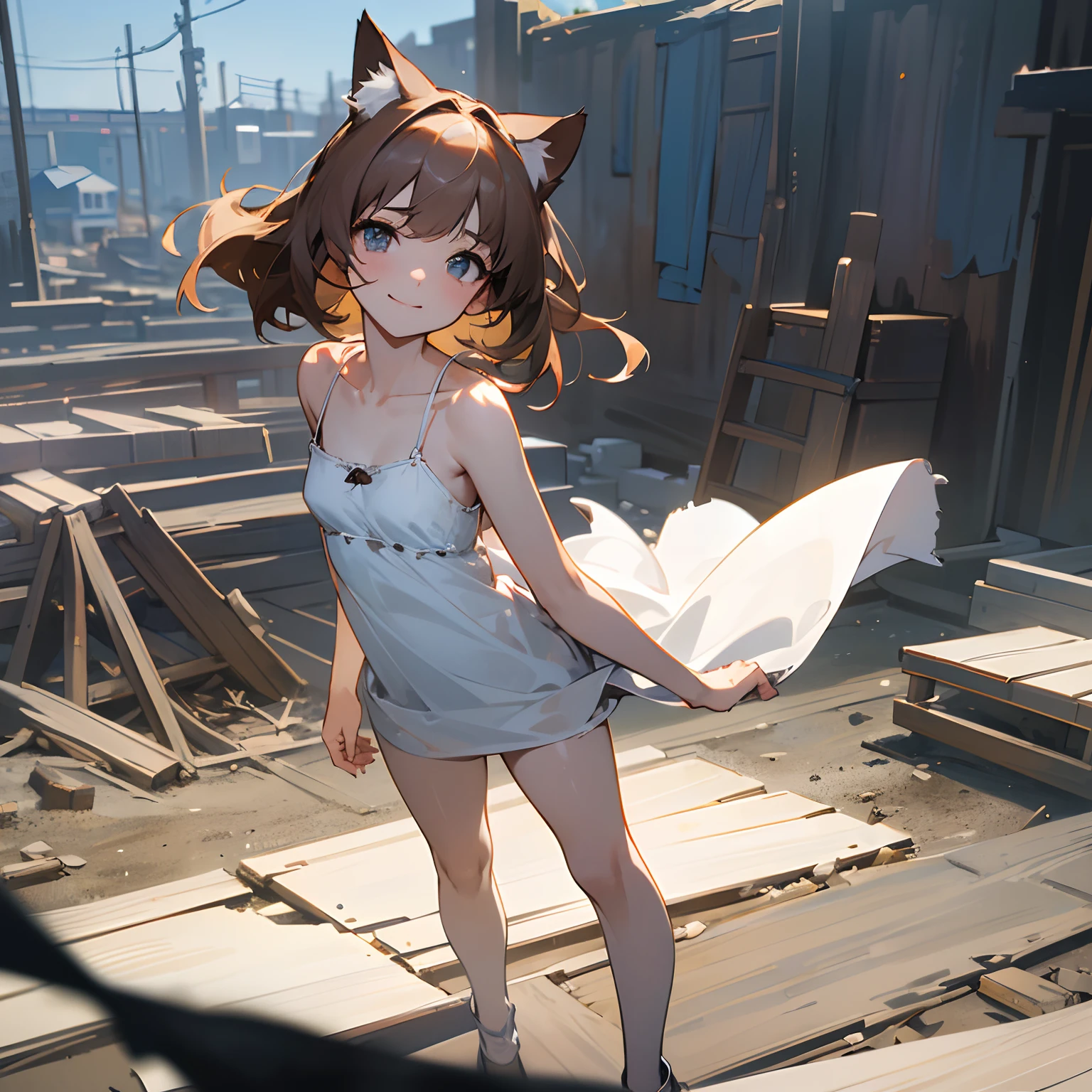 ((Masterpiece)),(Professional Photography:1.2), 8K, cinematic lighting, ((eyes of look up at the sky)), very messy medium hair, Cute teenage Beautiful girl, (briskly walk on the old ground, the Small harbors, beautiful white coast), (exposed small breast, exposed thigh), badly ragged and torn dirty white-camisole, smile face (Slender small breasts), wind, Textured skin, cat ears, Pale brown hair, slum