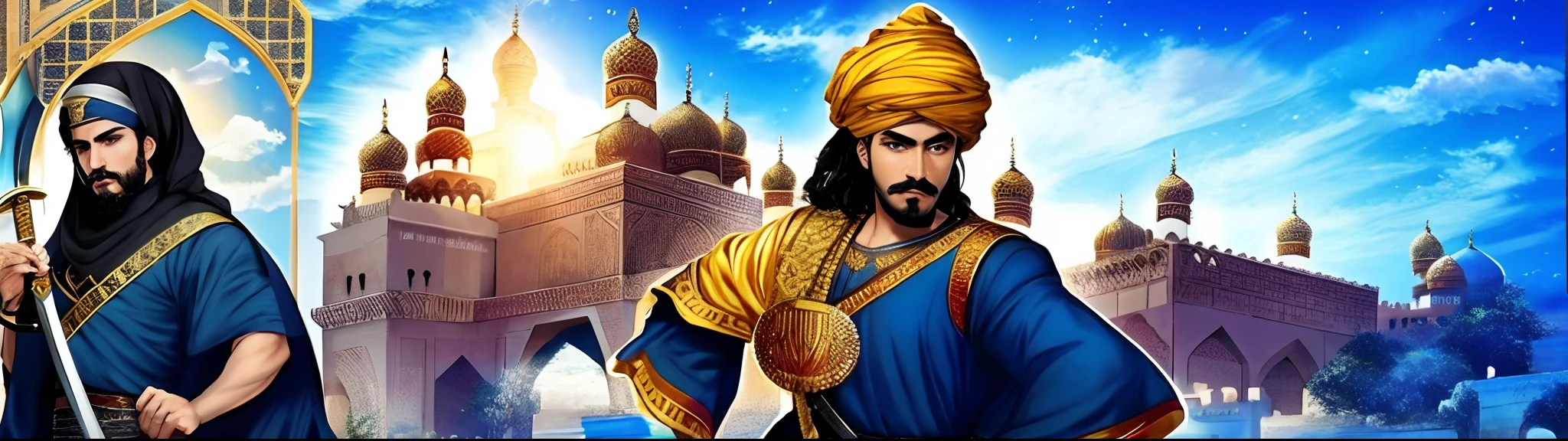Arabic style, hijab, black hair, curly hair, blue eyes, male, mustache, double swords