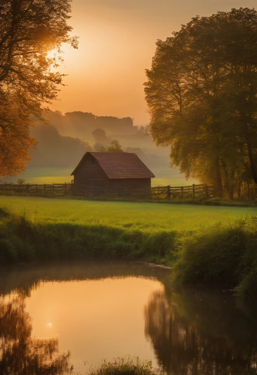 Panoramic view of the farm bathed in the soft hues of the sunrise, with gentle rays of light illuminating the fields and surrounding landscape,16:9 foto Prompt negativo: ((000000)), ((FFFFFF)), (EasyNegative:0.8), (mau-imagem-chill-75v:0.8), (badhandv4:1), ((fora do quadro)), Reduz, (((Texto))), erro, Cortada, pior qualidade, baixa qualidade, qualidade normal, Artefatos JPEG, ((assinatura)), ((watermark)), ((user name)), Blurry, nome do artista, .cgi, ..3d, Simples --em 3:2