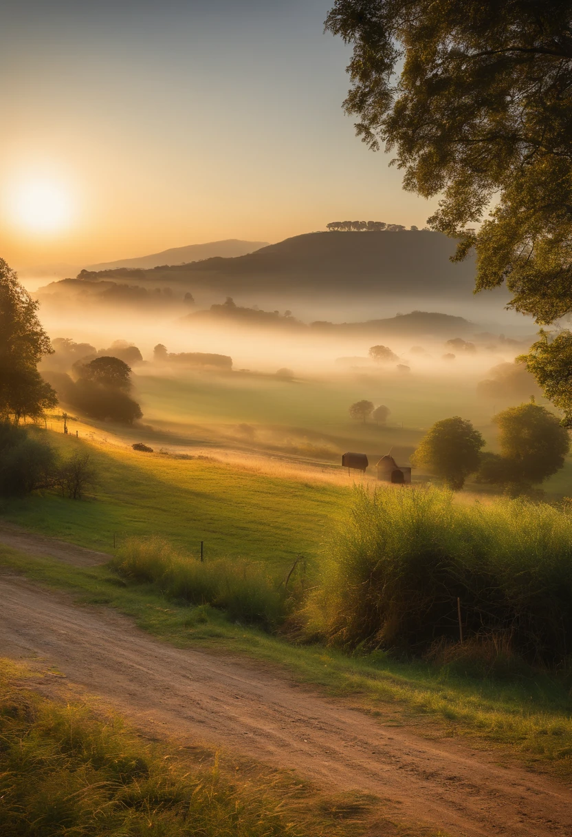 Panoramic view of the farm bathed in the soft hues of the sunrise, with gentle rays of light illuminating the fields and surrounding landscape,16:9 foto Prompt negativo: ((000000)), ((FFFFFF)), (EasyNegative:0.8), (mau-imagem-chill-75v:0.8), (badhandv4:1), ((fora do quadro)), Reduz, (((Texto))), erro, Cortada, pior qualidade, baixa qualidade, qualidade normal, Artefatos JPEG, ((assinatura)), ((watermark)), ((user name)), Blurry, nome do artista, .cgi, ..3d, Simples --em 3:2