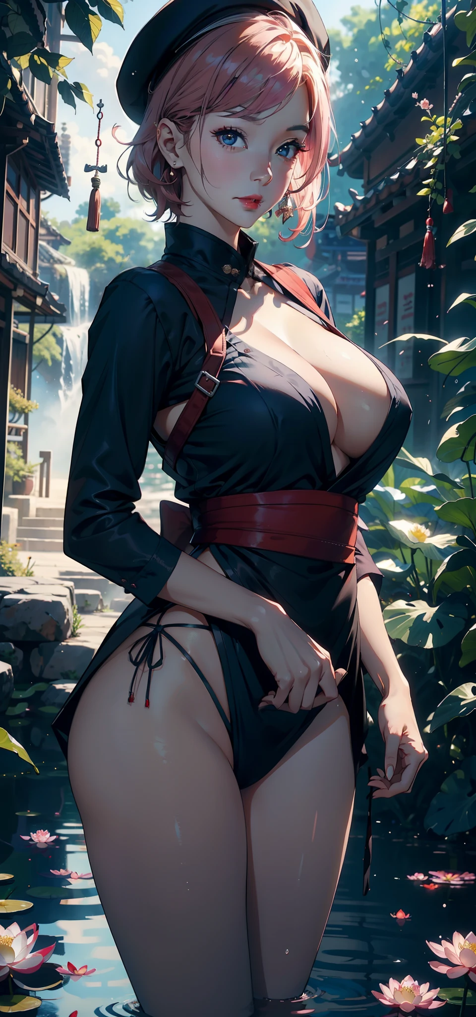 1female,45 yers old,Married Woman,熟妇,plumw,extremely large bosom, 独奏,(Background with:ponds,Cherry blossom forest,rainforests,lotus flower)Lie underwater, She has short pink hair,seen from the front,, mostly cloudy sky,(((tmasterpiece),(Very detailed CG unity 8K wallpaper),best qualtiy,cinmatic lighting,detailed back ground,beatiful detailed eyes,Bright pupils,Black eyes,Snow-whiteskin,Redlip(Very fine and beautiful),(Beautiful and detailed eye description),ultra - detailed,tmasterpiece,))facing at camera,A high resolution,ultra - detailed),revealing breasts,Bare genitalia, Bulge,legs are open,Raised sexy,Camel toes,Desire for dissatisfaction,frontage,(Wearing:Air Force uniform,beret,Red Hanfu,Red transparent apron,Bare ,Black tights)