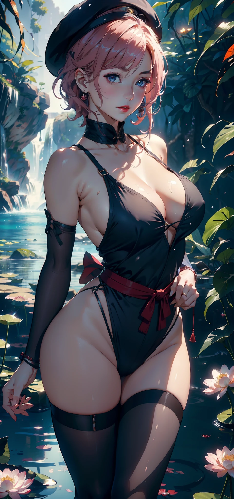 1female,45 yers old,Married Woman,熟妇,plumw,extremely large bosom, 独奏,(Background with:ponds,Cherry blossom forest,rainforests,lotus flower)Lie underwater, She has short pink hair,seen from the front,, mostly cloudy sky,(((tmasterpiece),(Very detailed CG unity 8K wallpaper),best qualtiy,cinmatic lighting,detailed back ground,beatiful detailed eyes,Bright pupils,Black eyes,Snow-whiteskin,Redlip(Very fine and beautiful),(Beautiful and detailed eye description),ultra - detailed,tmasterpiece,))facing at camera,A high resolution,ultra - detailed),revealing breasts,Bare genitalia, Bulge,legs are open,Raised sexy,Camel toes,Desire for dissatisfaction,frontage,(Wearing:Air Force uniform,beret,Red Hanfu,Red transparent apron,Bare ,Black tights)