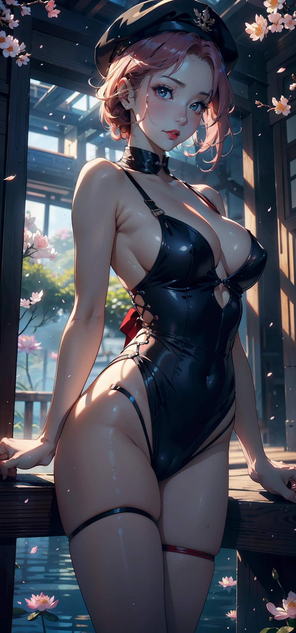 1female,45 yers old,Married Woman,熟妇,plumw,extremely large bosom, 独奏,(Background with:ponds,Cherry blossom forest,rainforests,lotus flower)Lie underwater, She has short pink hair,seen from the front,, mostly cloudy sky,(((tmasterpiece),(Very detailed CG unity 8K wallpaper),best qualtiy,cinmatic lighting,detailed back ground,beatiful detailed eyes,Bright pupils,Black eyes,Snow-whiteskin,Redlip(Very fine and beautiful),(Beautiful and detailed eye description),ultra - detailed,tmasterpiece,))facing at camera,A high resolution,ultra - detailed),revealing breasts,Bare genitalia, Bulge,legs are open,Raised sexy,Camel toes,Desire for dissatisfaction,frontage,(Wearing:Air Force uniform,beret,Red Hanfu,Red transparent apron,Bare ,Black tights)