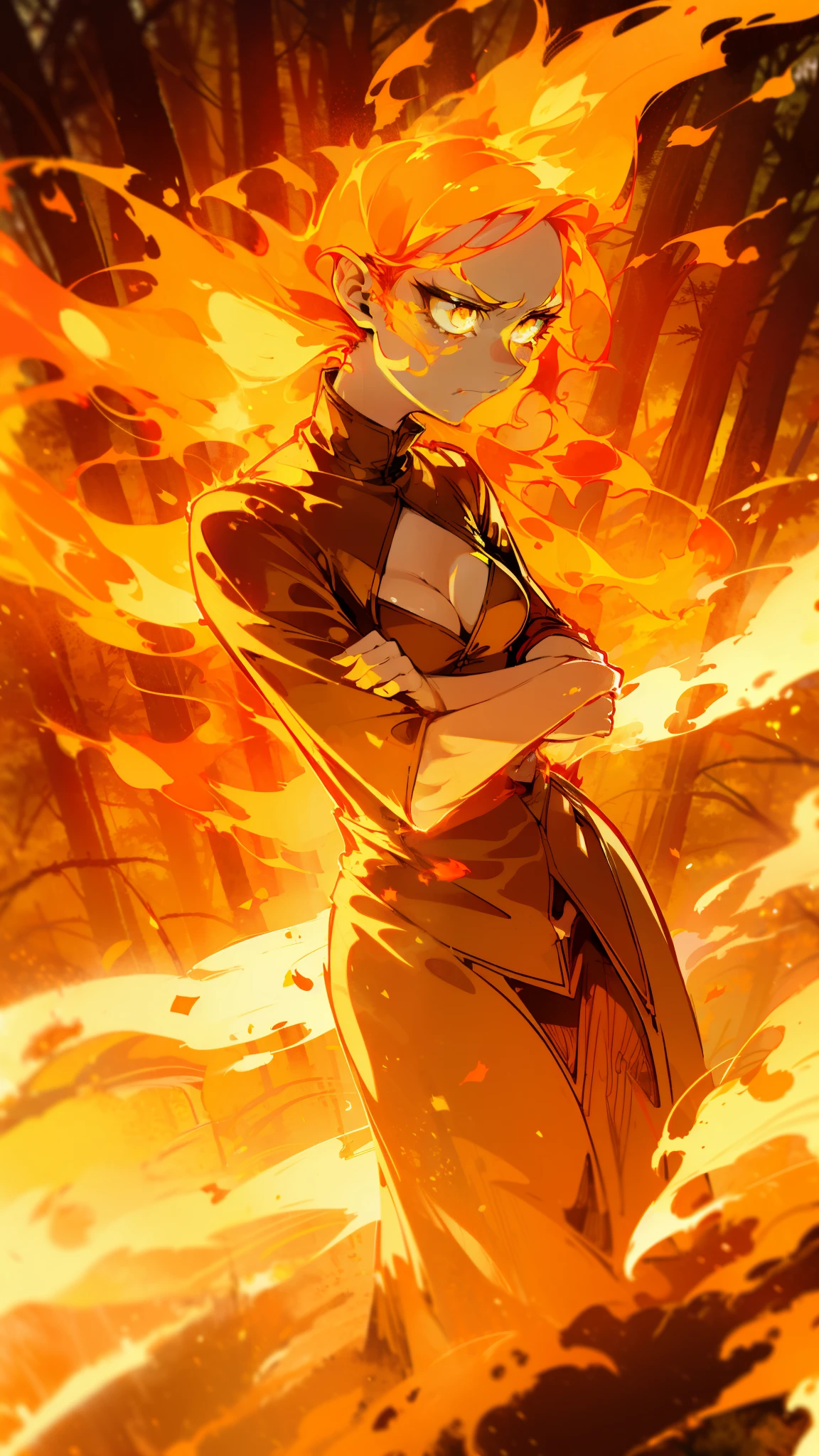 1girl small,solo,20s,angry face,(((woman face))),little cleavage,shirt,skirt, flame_hair,long hair,yellow eyes,(closed arms),burning body,burning on floor,(((standing in front of a forest)))