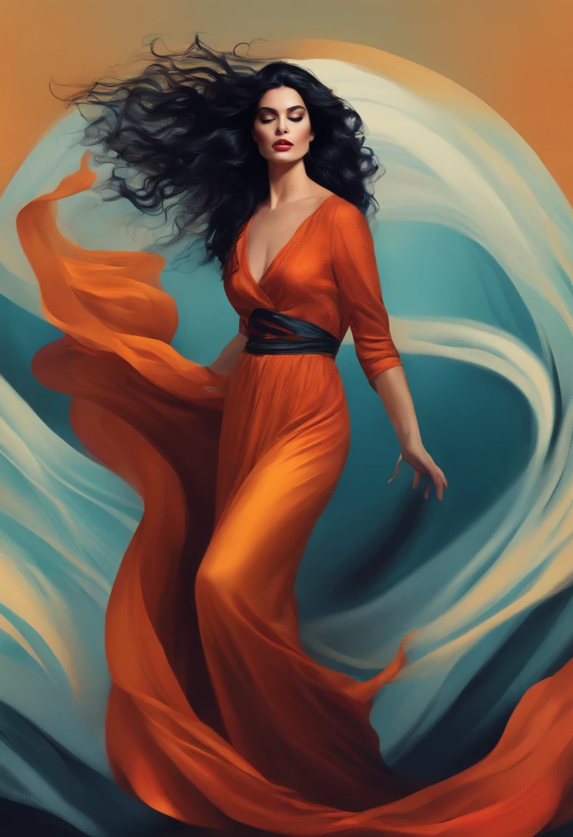 Woman in long clothes with black wavy hair