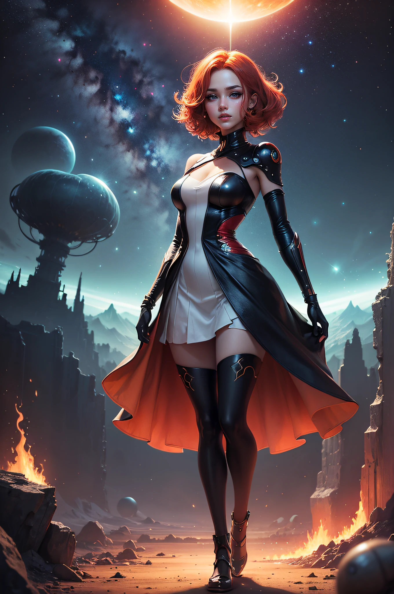 A girl with fiery red hair standing on a lush, alien planet, the sky above filled with swirling galaxies, her dress blending seamlessly with the vibrant landscape - a fusion of science fiction and surrealism.