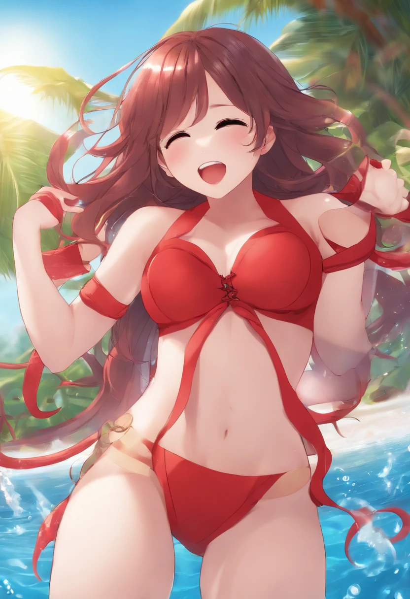 Cute anime girls wearing red micro bikinis with their eyes closed from laughter getting tickled by tentacles In their armpits, thighs and feet