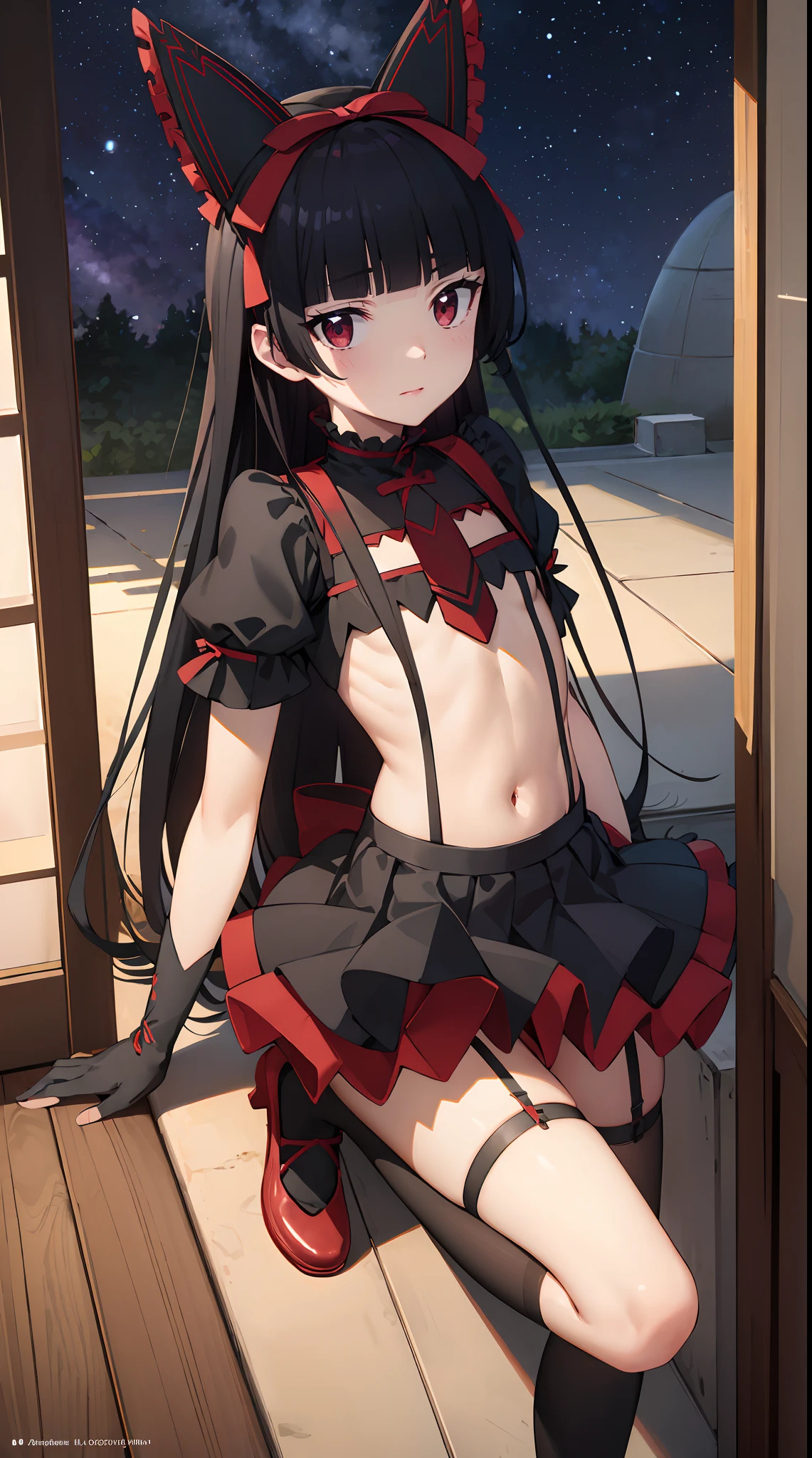 Rory Mercury, Rory Mercury, black hair, blunt bangs, hime cut, hair ornament, red lipstick, hairlong, cute face, makeup, (small chest:1.2), (red eyes:1.5), BREAK Gothic underwear, the perfect body (little chest:1.3), BREAK in full growth, red shoes, BREAK Black Stockings, Black Gloves BREAK, black thighs, garter straps, gloves, gotik, Hair Bow, gothic fashion, puffy short sleeves, puffy sleeves, short sleeves, thights, thights, BREAK of the starry night sky, night city, BREAK looks at the viewer, BREAK (Masterpiece:1.2), Best Quality, High Resolution, Unity 8k壁纸, (illustartion:0.8), (beautiful detail eyes:1.6), extremely detailed face, perfect lighting, extremely detailed CGI, (perfect arms, perfect anatomy),