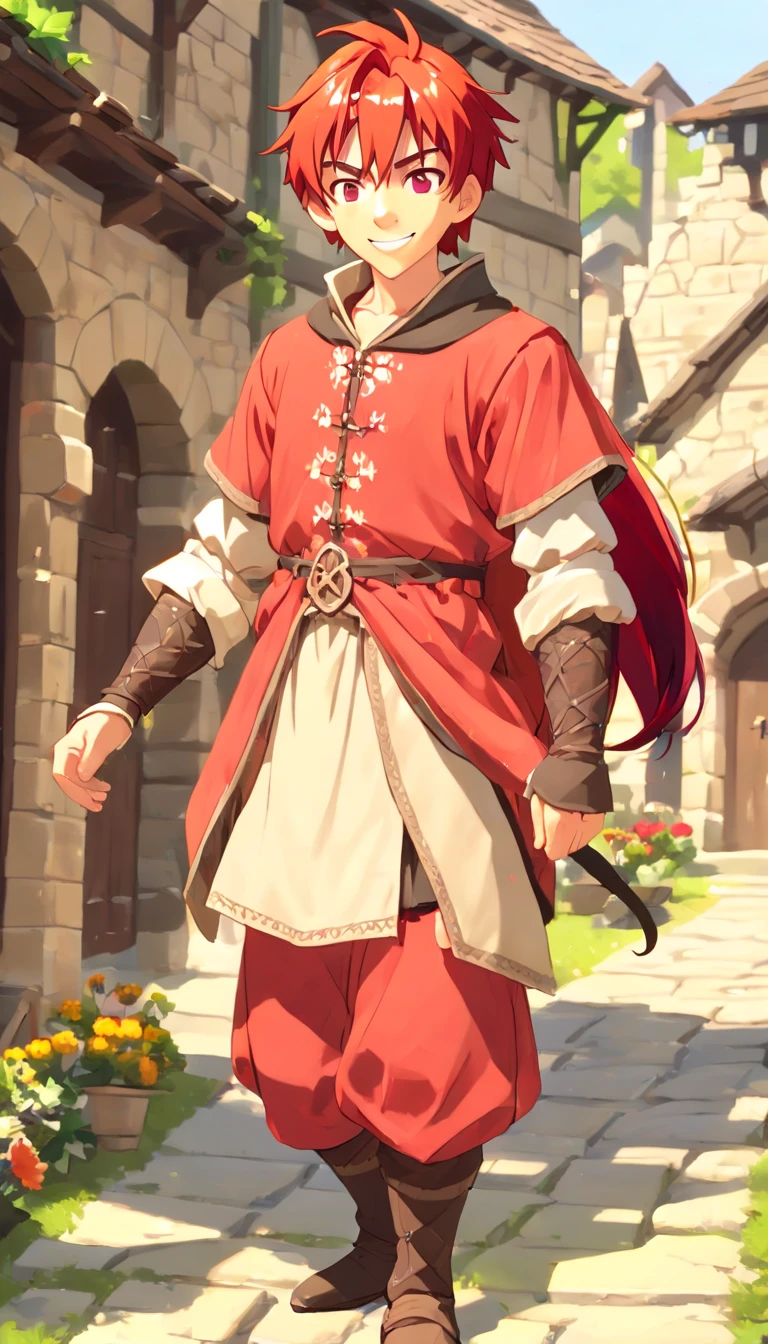 Conan Exiles style, One dirty child (male) (13 years old), Tan skin, 1kid, ((slim fit muscular body: 1.5)), ((medieval villager clothing: 1.9)), bright_red hair, short hair, different eyes (heterochromia), Peasant boy, villager , Friendly Smile, heroic, slightly sloppy clothes, Medieval Style Clothing, Simple Clothing, Human, gentle boy, Young Face, Skill Picture, Villager Clothes, ((highly_saturated red_hair: 2.1)), (epitome_of_kindness: 1.5)), ((extremely_handsome: 1.8)), (short_hair: 1.7), ((amazing and unique character_design: 1.9))