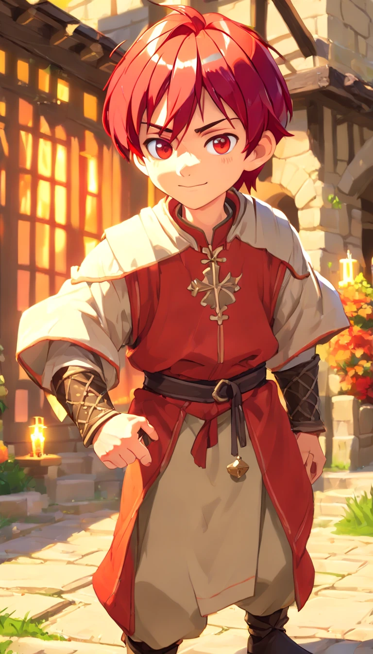 Conan Exiles style, One dirty child (male) (13 years old), Tan skin, 1kid, ((slim fit muscular body: 1.5)), ((medieval villager clothing: 1.9)), bright_red hair, short hair, different eyes (heterochromia), Peasant boy, villager , Friendly Smile, heroic, slightly sloppy clothes, Medieval Style Clothing, Simple Clothing, Human, gentle boy, Young Face, Skill Picture, Villager Clothes, ((highly_saturated red_hair: 2.1)), (epitome_of_kindness: 1.5)), ((extremely_handsome: 1.8)), (short_hair: 1.7), ((amazing and unique character_design: 1.9))
