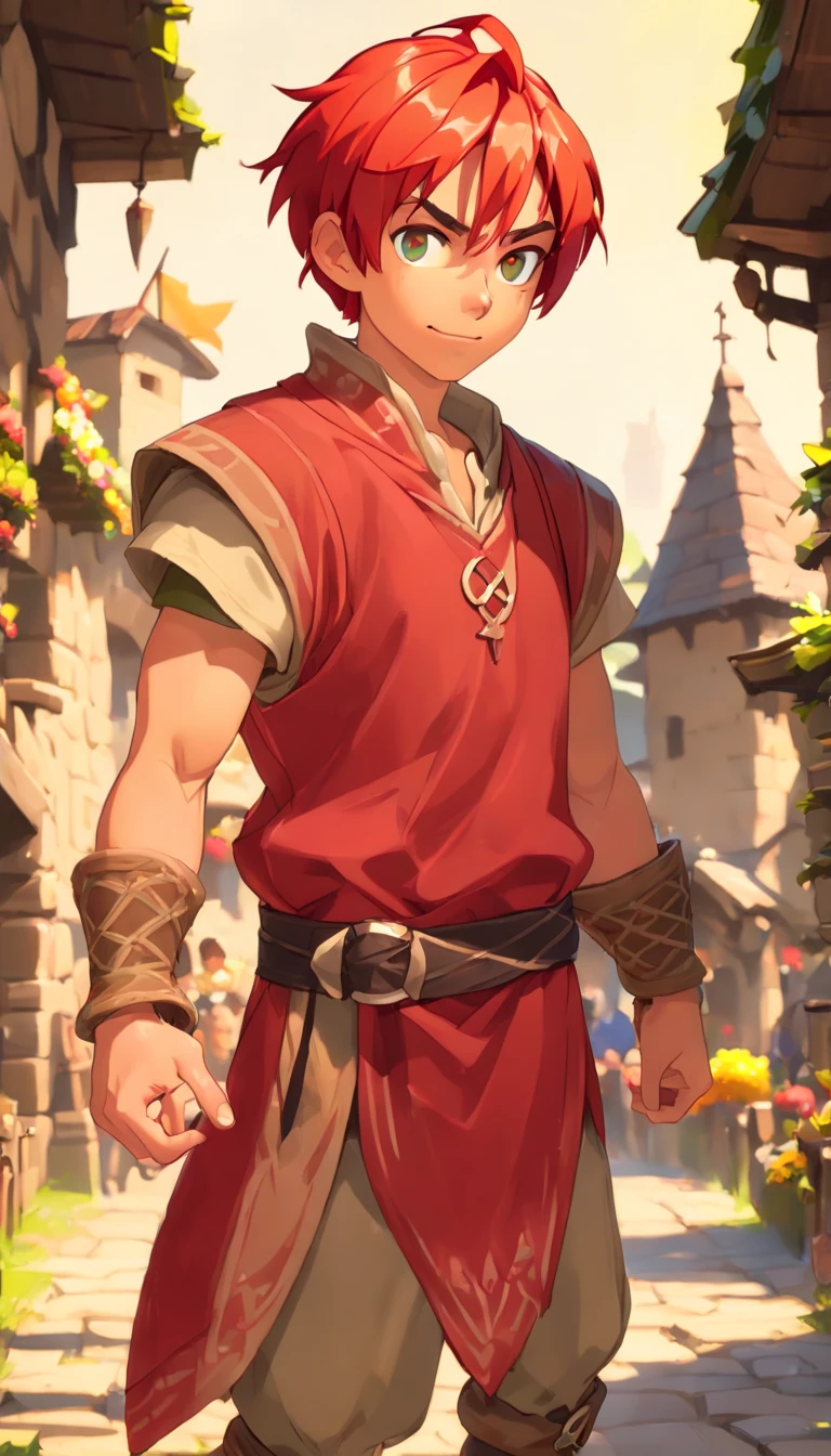 Conan Exiles style, One dirty child (male) (13 years old), Tan skin, 1kid, ((slim fit muscular body: 1.5)), ((medieval villager clothing: 1.9)), bright_red hair, short hair, different eyes (heterochromia), Peasant boy, villager , Friendly Smile, heroic, slightly sloppy clothes, Medieval Style Clothing, Simple Clothing, Human, gentle boy, Young Face, Skill Picture, Villager Clothes, ((highly_saturated red_hair: 2.1)), (epitome_of_kindness: 1.5)), ((extremely_handsome: 1.8)), (short_hair: 1.7), ((amazing and unique character_design: 1.9))