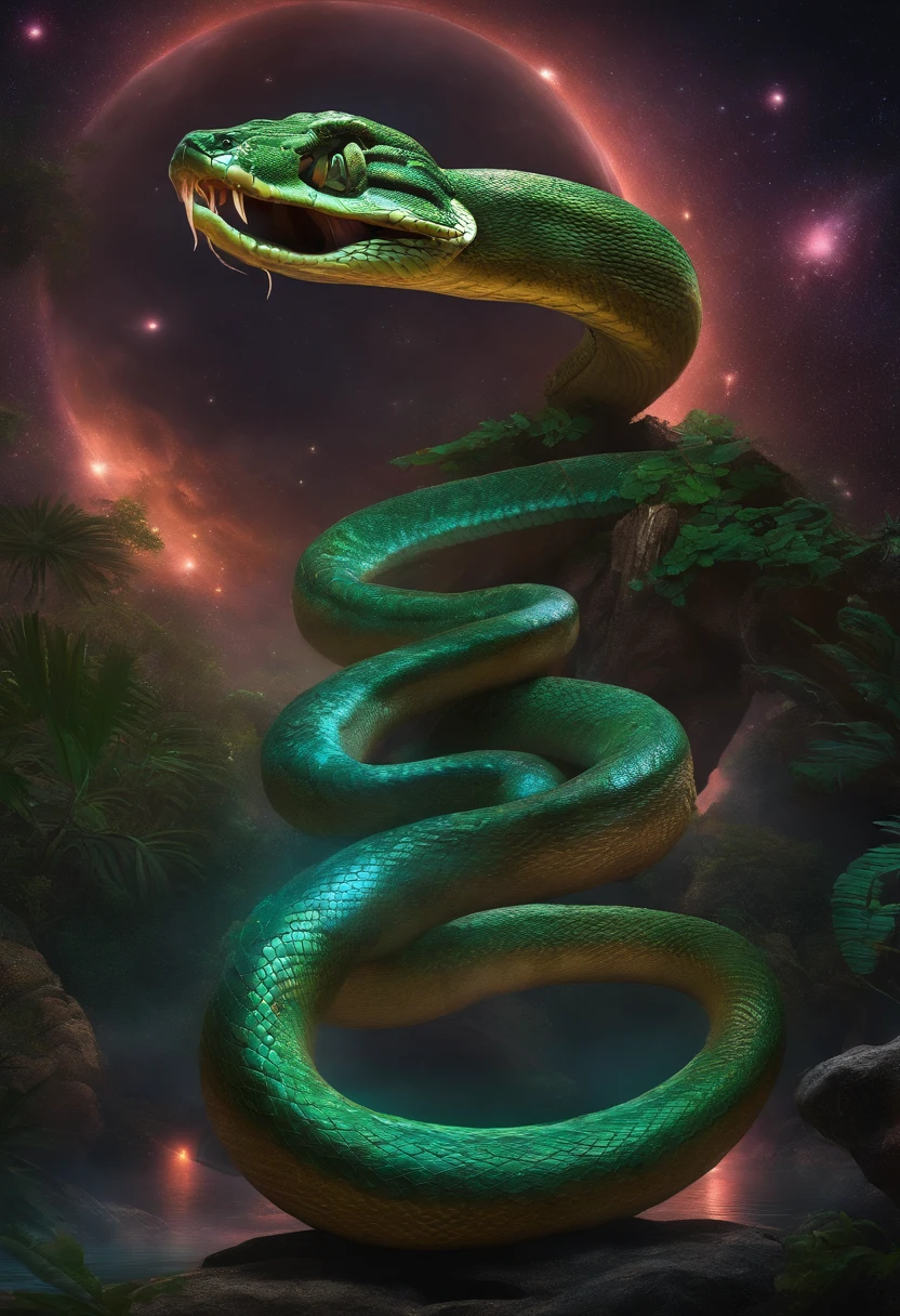 Prehistoric snake, Light particles, Majin buu, Emperor, Throne, Cosmic Jungle, Planets in background, Bioluminescent
