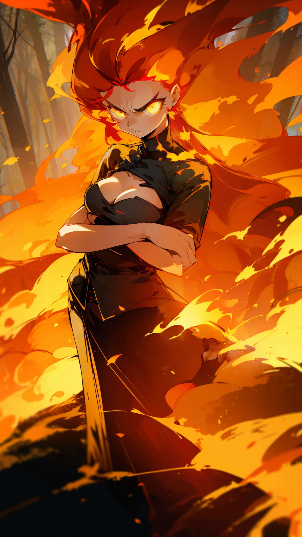 1girl small,solo,20s,angry face,(((woman face))),little cleavage,black shirt,skirt, flame_hair,long hair,yellow eyes,(closed arms),burning body,burning on floor,(((standing in front of a forest)))
