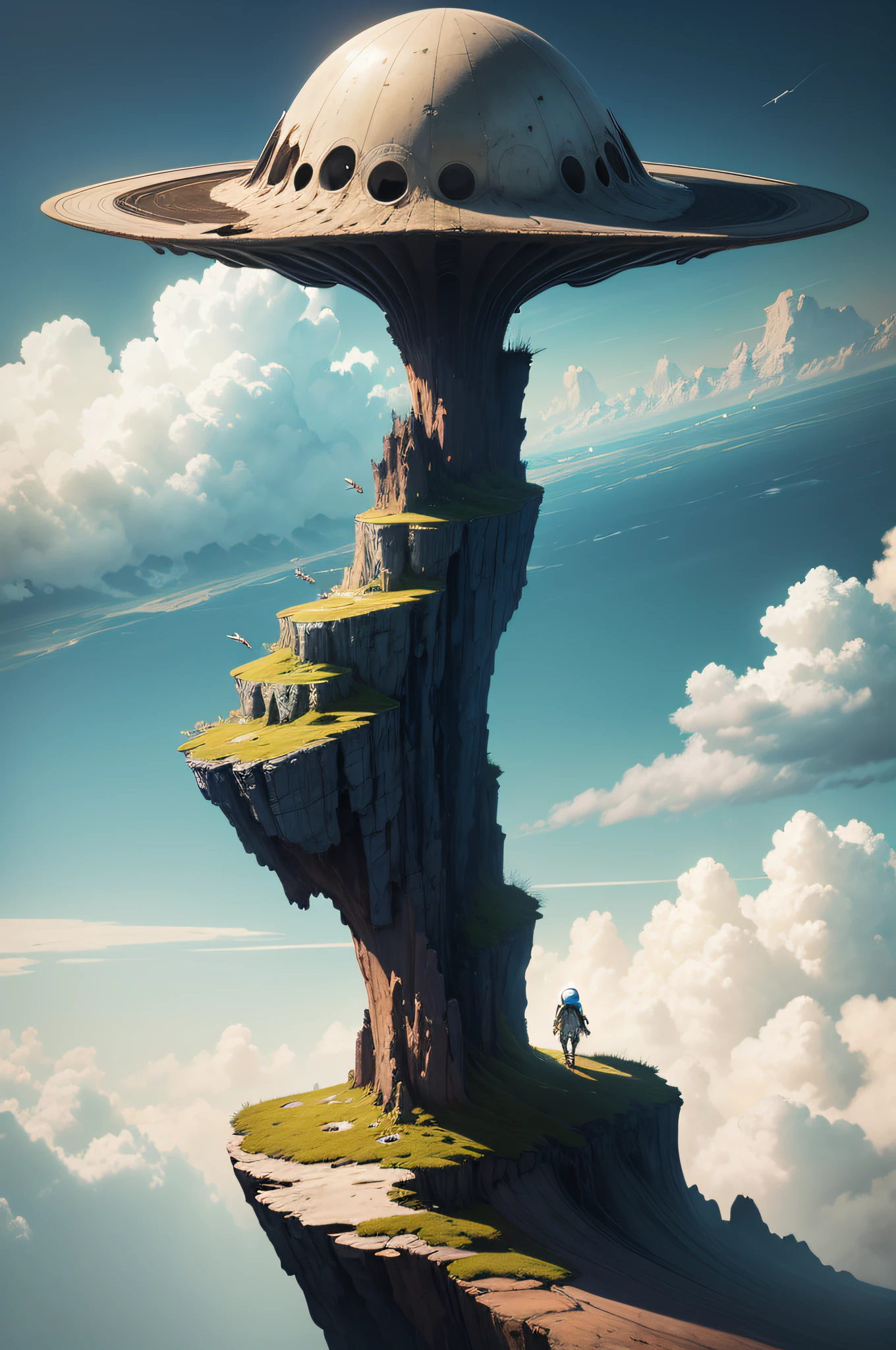 A young girl Closeup, in a retro astronaut suit, standing on the precipice of a colossal cliff on a distant planet, the vast, alien sky above her featuring fantastical creatures soaring amidst celestial clouds, creating a harmonious blend of science fiction and surreal beauty.