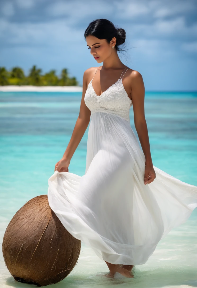 A beautiful and beautiful young princess with black hair with blue eyes, she is wearing her beautiful long white dress, in the Maldivian beach. Pouring coconut water on her dress makingbthe dress transparent