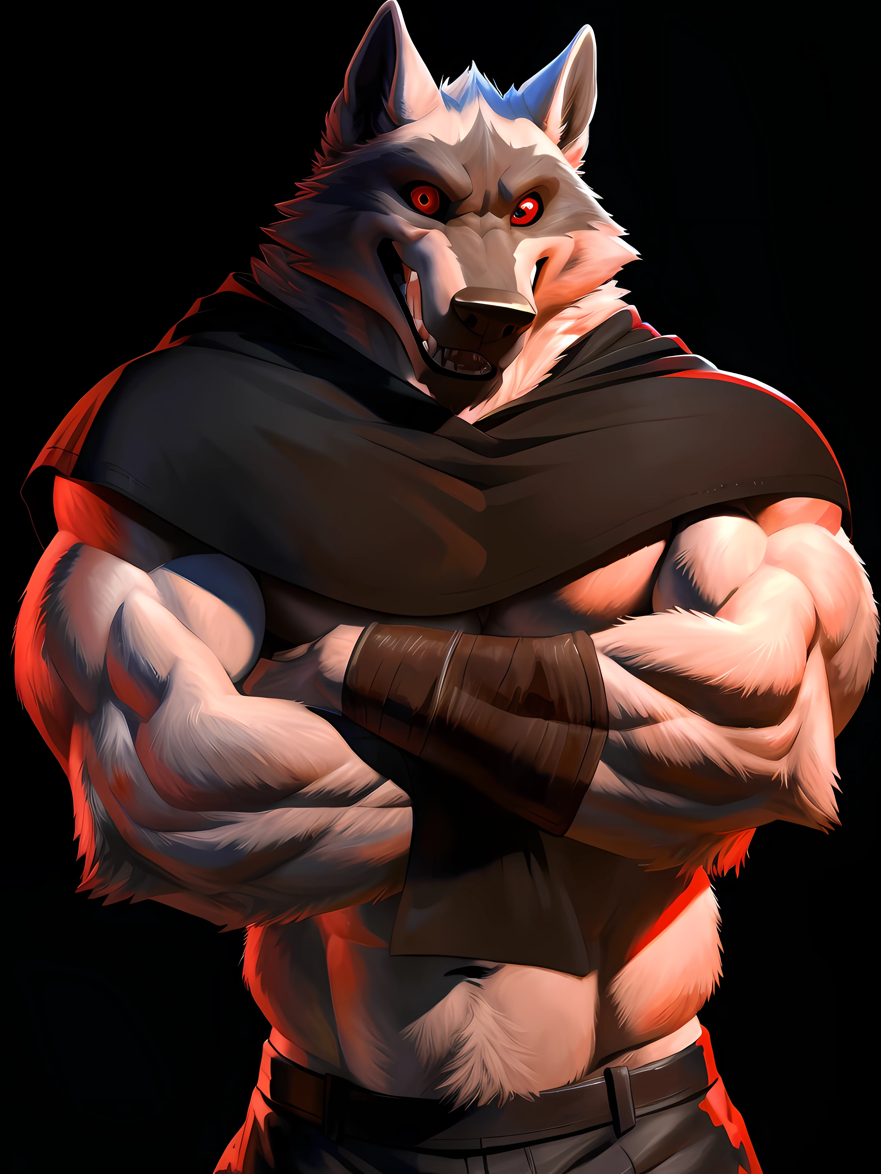 deathwolf, 4k, high resolution, best quality, posted on e621, solo, anthro body, mane, male, adult, bare chest, very masculine, (very muscular, muscular arms, heavyweight:1.0), correct anatomy, (dark background, black background, featureless background no background:1.2), (by wfa:0.6), (by spelunker_sal:0.6), (taran fiddler anatomy:1.0), (black pants:1.0), (detailed eyes, red eyes:1.2), (detailed shading, photorealistic shading, masterpiece:1.2), confident, proud, strong pose, (veins, vascular:1.1), angry face, speaking mouth, looking at viewer, wolf tail, (close-up, half body, head, face, chest), arms crossed, black cape