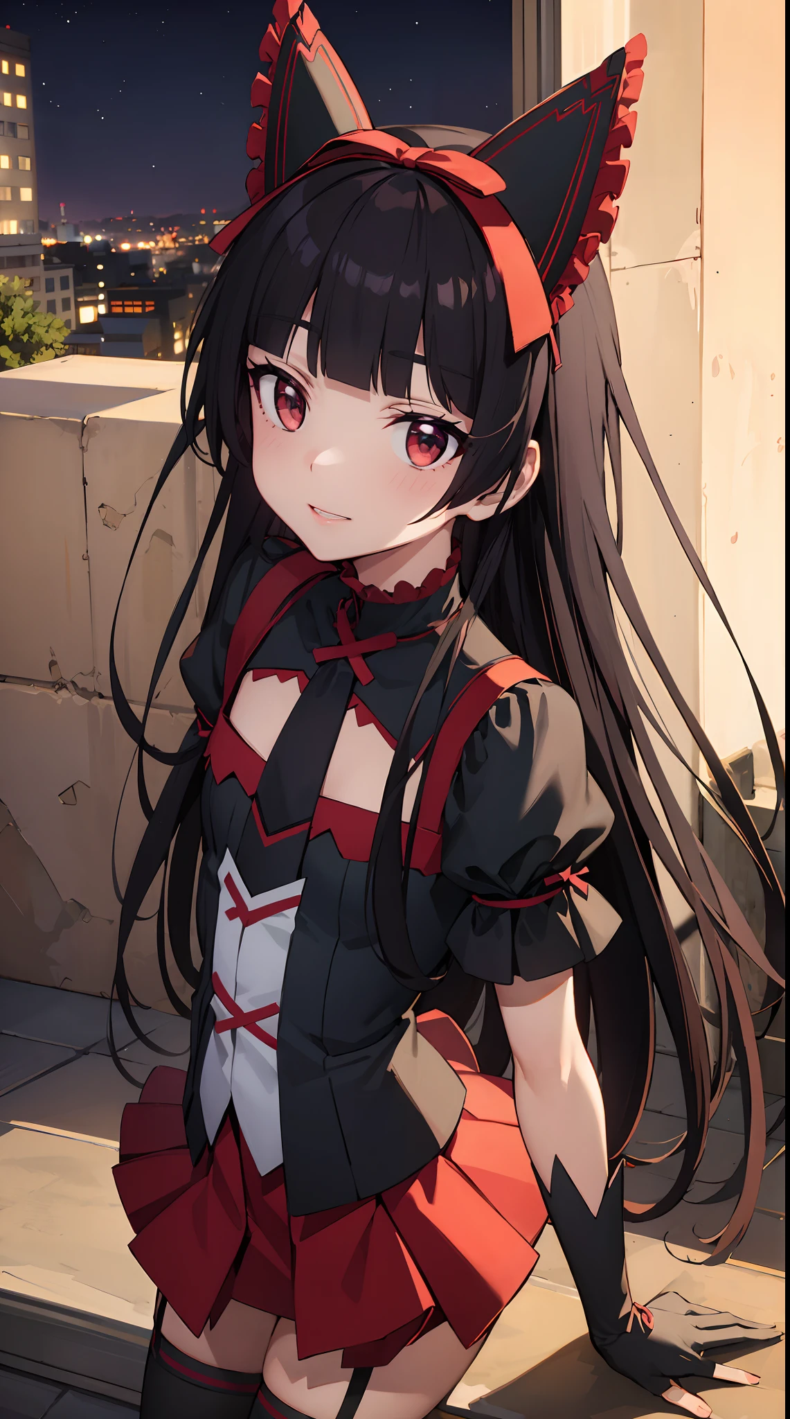 Rory Mercury, Rory Mercury, black  hair, blunt bangs, hime cut, hair ornament, red lipstick, hairlong, cute face, makeup, (small chest:1.2), (red eyes:1.5), BREAK Gothic underwear, the perfect body (little chest:1.3) Hornny,  BREAK in full growth, red shoes, BREAK Black Stockings, Black Gloves BREAK, black thighs, garter straps, gloves, gotik, Hair Bow, gothic fashion, puffy short sleeves, puffy sleeves, short sleeves, thights, thights,  BREAK of the starry night sky, night city, BREAK looks at the viewer, BREAK (Masterpiece:1.2), Best Quality, High Resolution, Unity 8k壁纸, (illustartion:0.8), (beautiful detail eyes:1.6), extremely detailed face, perfect  lighting, extremely detailed CGI, (perfect arms, perfect anatomy),