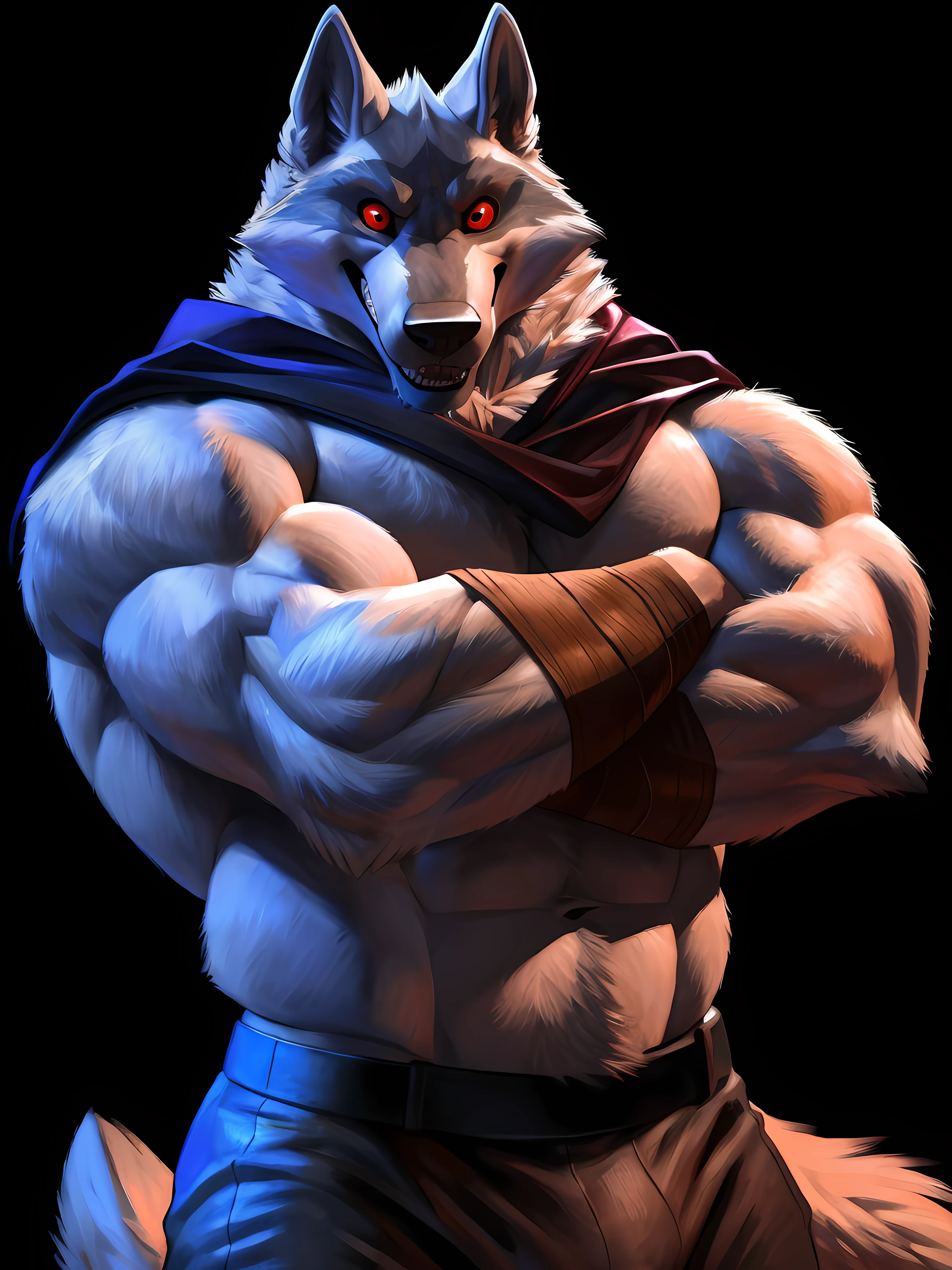 deathwolf, 4k, high resolution, best quality, posted on e621, solo, anthro body, mane, male, adult, bare chest, very masculine, (very muscular, muscular arms, heavyweight:1.0), correct anatomy, (dark background, black background, featureless background no background:1.2), (by wfa:0.6), (by spelunker_sal:0.6), (taran fiddler anatomy:1.0), (black pants:1.0), (detailed eyes, red eyes:1.2), (detailed shading, photorealistic shading, masterpiece:1.2), confident, proud, strong pose, (veins, vascular:1.1), angry face, speaking mouth, looking at viewer, wolf tail, (close-up, half body, head, face, chest), arms crossed, black cape