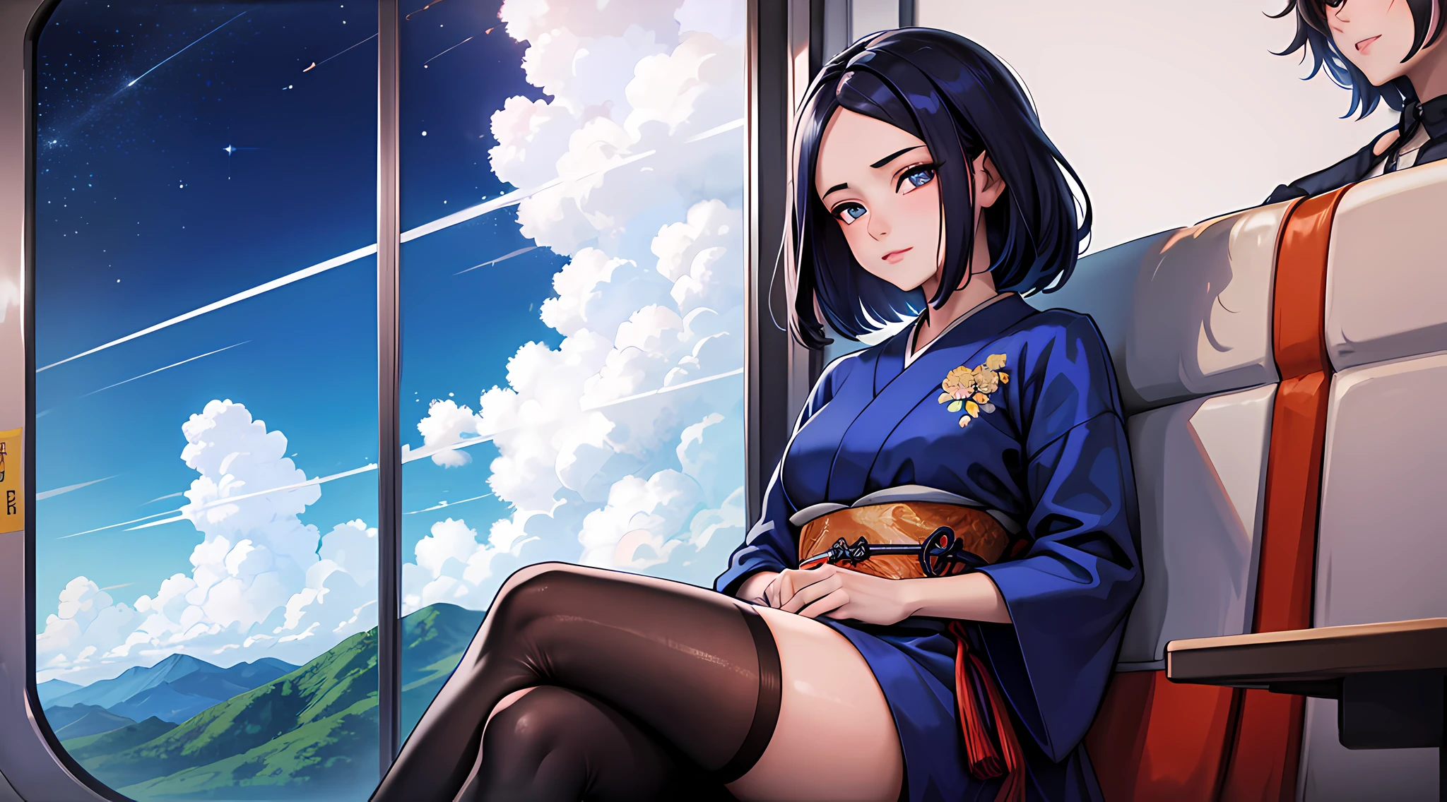 Asian woman sitting in a train car, viajem de trem, luzes refletido nos cabelos , olhos cor brilhantes e penetrantes, janela para a rua, cabelo tremulando ao vento, foco no rosto, zoom no rosto, sozinha, influenced by Japanese culture and aesthetics, Atmosfera tranquila, olhos ultra detalhados, obra-prima, fundo desfocado, 8k.