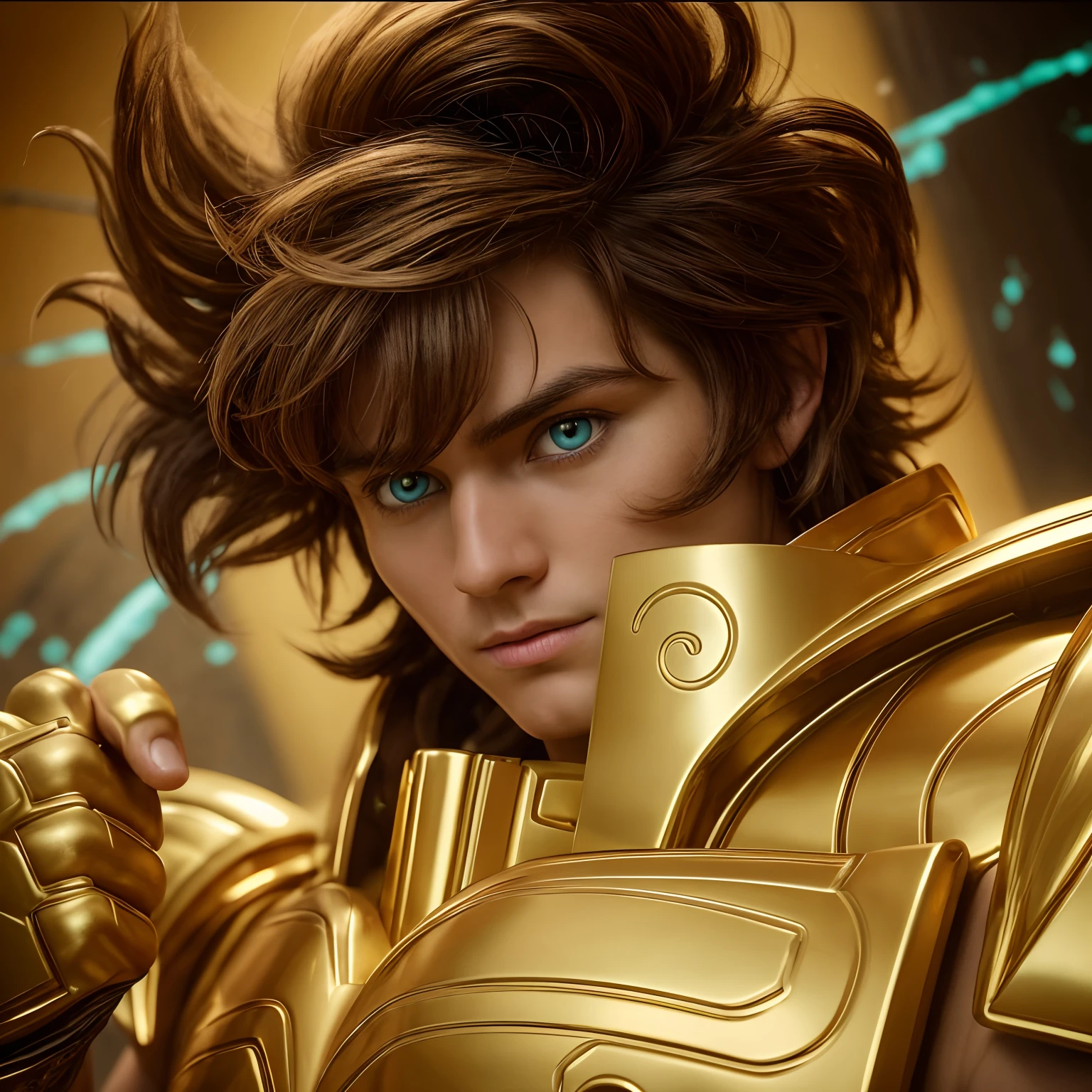 Cinematic stunningly detailed and ultra-realistic Leo Aiolia of Saint Seiya. Close up. He is waring pretty realistic golden armor. Bright golden armor. Octane is the perfect tool to capture the softest details of this 16k photography masterpiece. He is a handsome caucasian man about 30 years old. 1boy. Beautiful face. Detailed face. Beautiful nose. (Pretty big turquoise eyes). Perfect eyes. Shaved. He has light brown hair. Perfect closed fist. Messy hair. ((pretty big turquoise eyes)). ((Shaved)). a closed fist. He is staring his enemy.