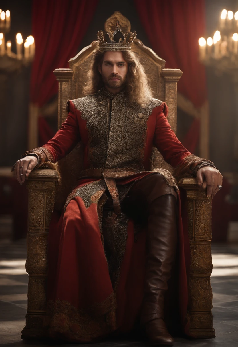 ember,Physically well-built, sitting on the throne,crown, Business attire