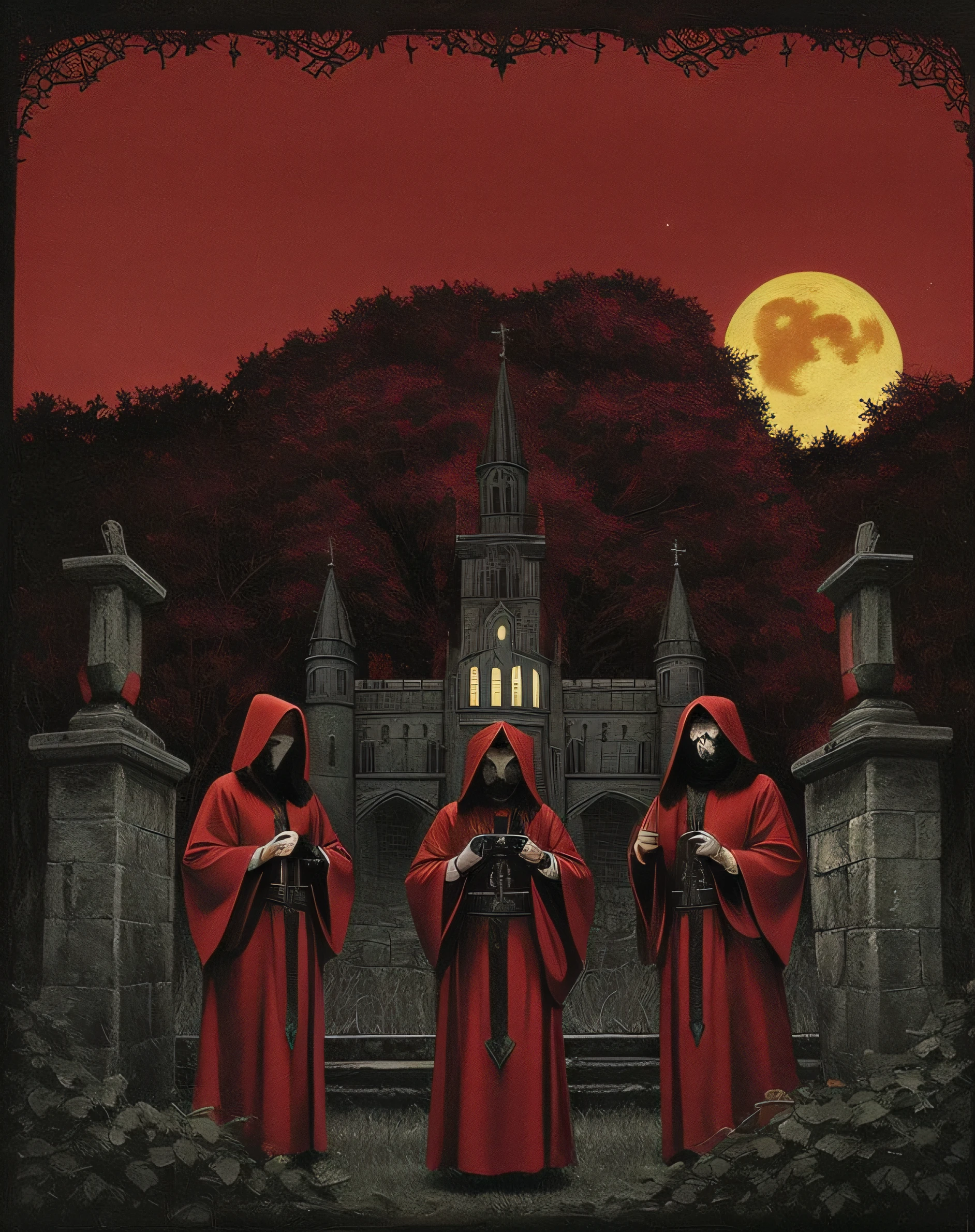 Three hooded men in red robes stand in front of a castle at night, Ritual oculto, Satanic ritual, Arte oculta, arte detalhada da capa, Unholy ceremony, majestic occult gates, Ritual Occult Meeting, Sacrilegious rite, oculto, Culto ao Cordeiro, Unholy meeting, vestes ocultas, Detalhes ocultos, holy inquisition, southern gothic art, Album art, hallowen fest