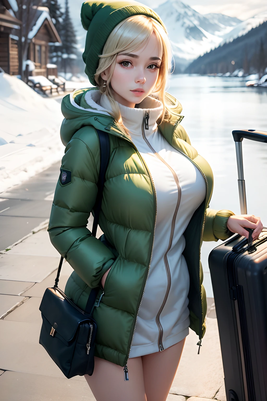 Make a woman with big breast, light green long winterjacket , with open zipper, with face, body, Lakeside house, travel bag, dog Nude
