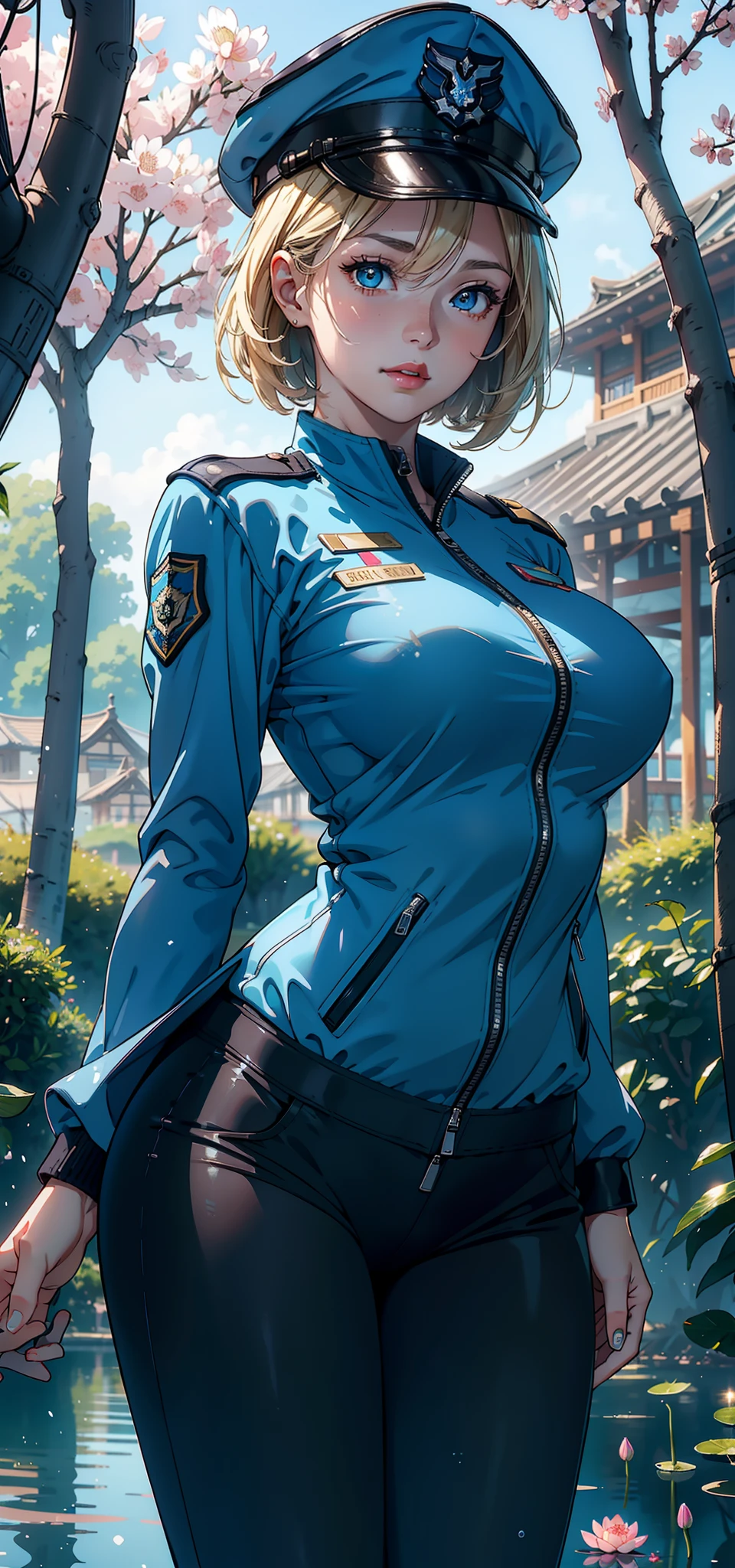 (Background with:ponds,Cherry blossom forest,lotus flower)Lie underwater, She has short blonde hair,bobo head,seen from the front,mostly cloudy sky,(((tmasterpiece),(Very detailed CG unity 8K wallpaper),best qualtiy,cinmatic lighting,detailed back ground,beatiful detailed eyes,Bright pupils,Blue eyes,Snow-whiteskin,Redlip(Very fine and beautiful),(Beautiful and detailed eye description),ultra - detailed,tmasterpiece,))facing at camera,A high resolution,ultra - detailed),revealing breasts,Bare genitalia, Bulge,legs are open,Raised sexy,Camel toes,Desire for dissatisfaction,frontage,Chinese Air Force(Wearing :耳Nipple Ring, jewely, Dark green bomber jacket,Black jumpsuits )Officer's cap